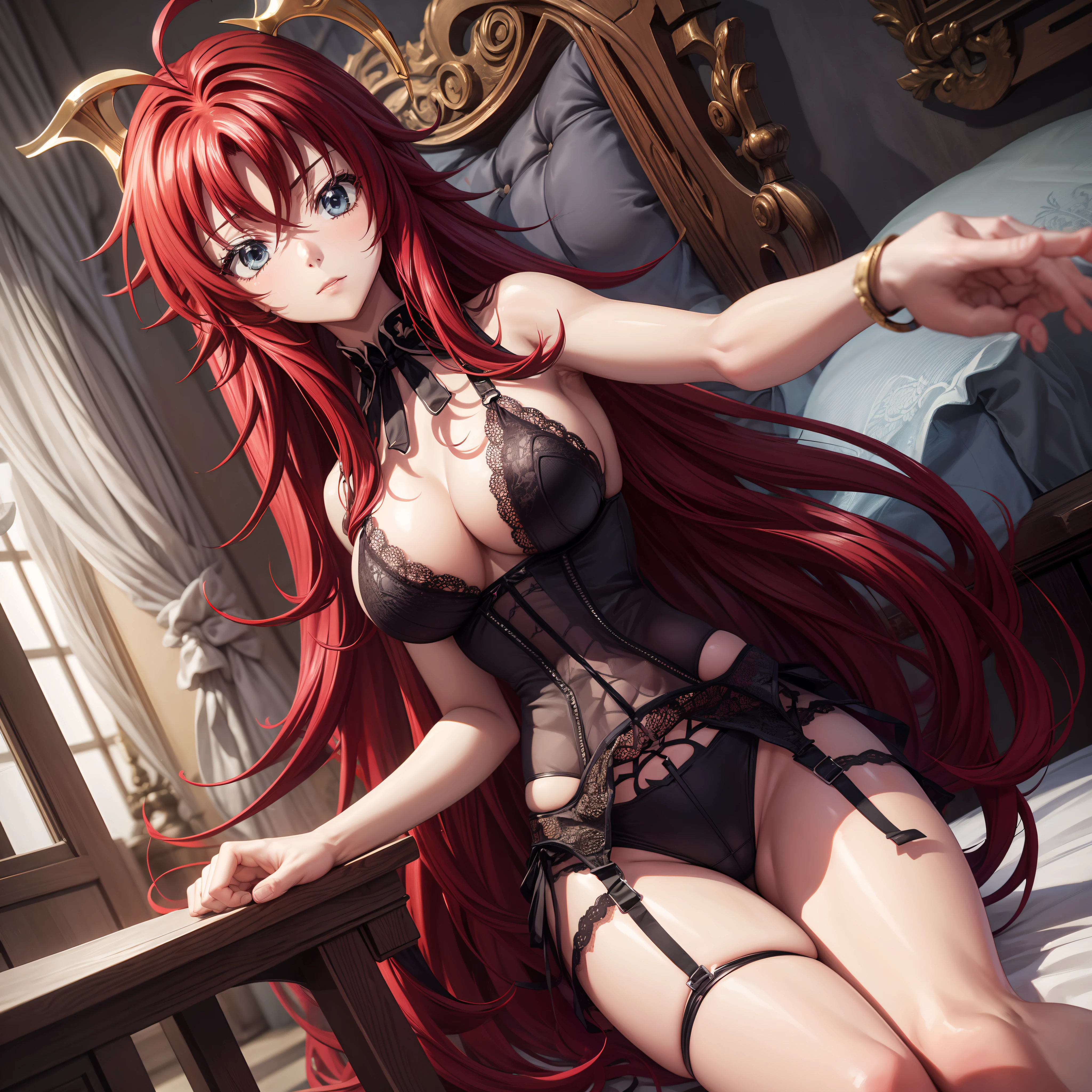 1girl, Rias Gremory, Long hair, raspberry long hair, reaches to the hips, one strand of hair sticks out from the top of the head, also has loose bangs, covering the forehead, and side bangs, framing the face., voluptuous body, big breastes, black lingerie, black bra, black lace panties, black belt with stockings, looking at the viewers, lying on the bed, Ideal finger shape, the number of fingers is not excessive