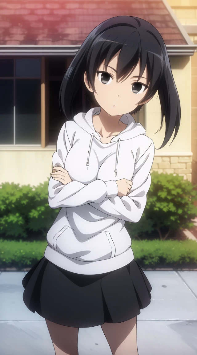 (masterpiece), best quality, expressive eyes, perfect face, kurome , black hair ,short twin ,short hair, black  eyes, medium  breasts, anime art style, official art, slightly head tilt, sexy pose,wallking, ((white_hoodies, black skirt )),background house , full body