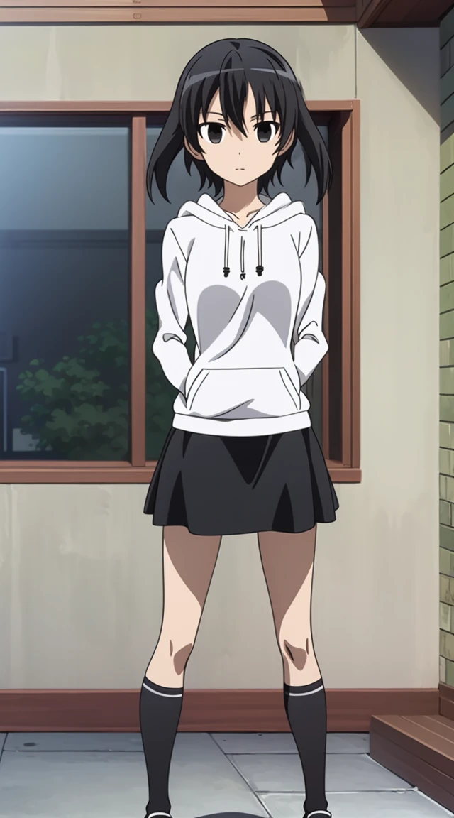 (masterpiece), best quality, expressive eyes, perfect face, kurome , black hair ,short twin ,short hair, black eyes, medium breasts, anime art style, official art, slightly head tilt, sexy pose,wallking, ((white_hoodies, black skirt )),background house , full body