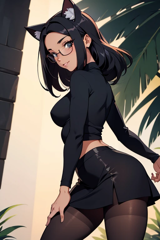 foto de corpo inteiro, todo o corpo , cat ears on the head of a beautiful young woman wearing tight tights , usando meias preta longas e sueter preto apertado ,corpo inteiro na foto,floresta a noite varias luzes,belas coxas, coxas lindas belhos olhos escuros detalhados, sueter branco apertado,maio apertado , tight pantyhose, , ceu limpo a noite com estrelas numa floresta a noite, linda jovem, olhos sedutores feminino.CABELO CURTO PRETO((CABELOS CURTO PRETO))salto alto, em pe, salto alto preto belos sorriso usando salto alto com meias preta longas, sueter branco,belos olhos detalhados,meias pretas longas apertadas, saia curta. salto alto preto, stocking black corpo inteiro a mostra, corpo completo na foto,sexy oculos e cabelo curto