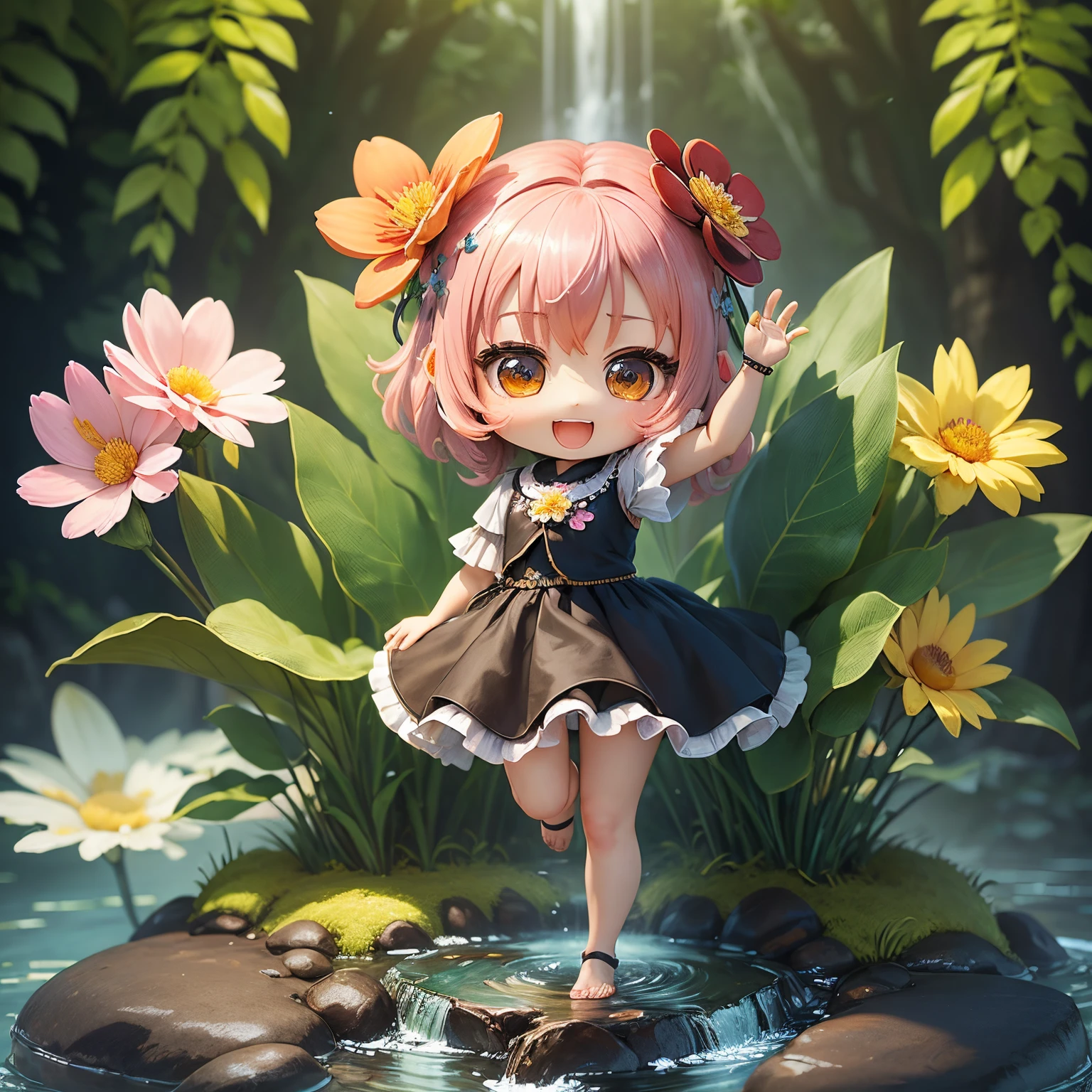 masterpiece、top-quality、ultra-detailliert、(Chibi character flower spirit:1.3)、Flowers formed by the transparent Giritere Forest Waterfall、Lightning、Open your mouth and smile、Full-body standing figure、Jumping Kick