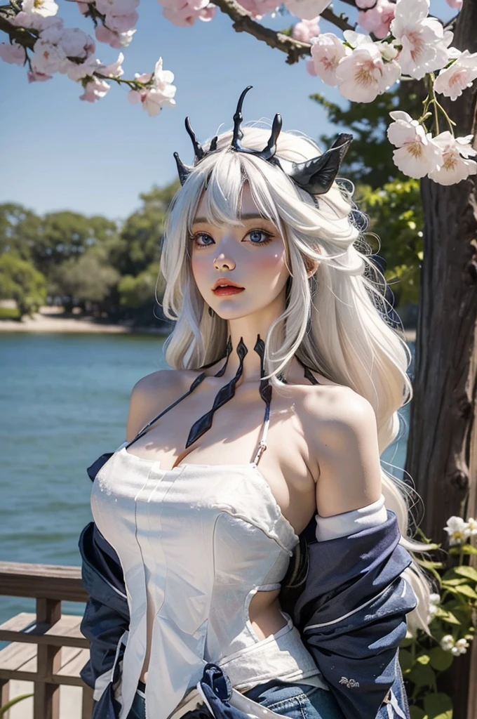 (actual, realisticlying), focal_the original god, Permanent, 1个Giant Breast Girl, Blue hat, ((White hair)),(cow boy shot, closeup cleavage), hair between eye, eBlue eyes, By bangs, short white pants, thigh band, longer sleeves, blue jacket, white shirt, The upper part of the body, (tmasterpiece, high qulity, Best quality at best), (Colorful),(delicate eyes and face), volumettic light, Ray traching, Bust photo ,extremely detaild的 CG unified 8k wallpapers,Alone((Fly petaleadow with flowers) Skysky, blue-sky, and the sun was shining brightly, optic, fanciful, Windy, magic sparks, Outdoor activities, parks, The tree, blossoms, lake,