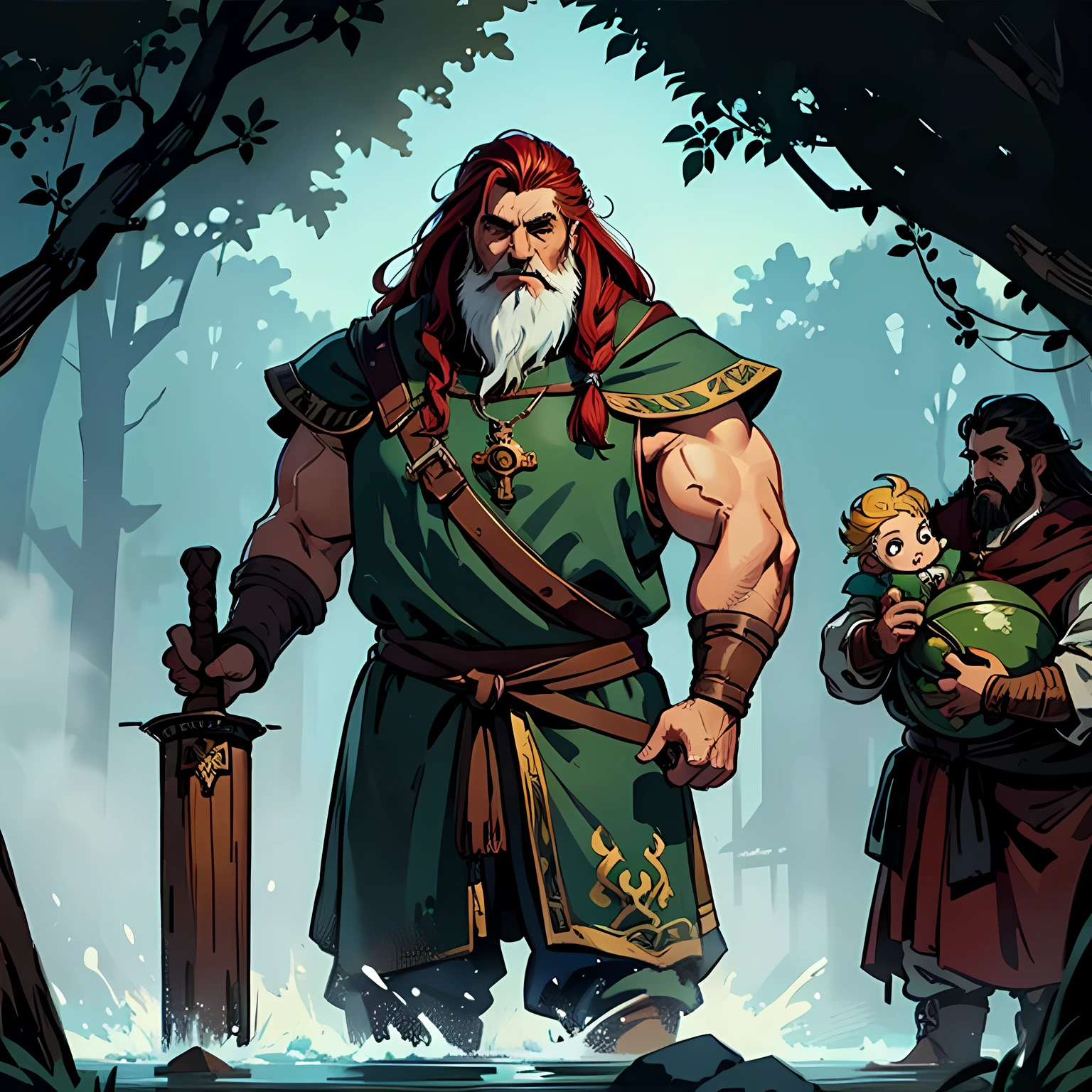 Medieval fantasy illustration, Male dwarf, cabelos prateado, guerreiro, segurando machado
