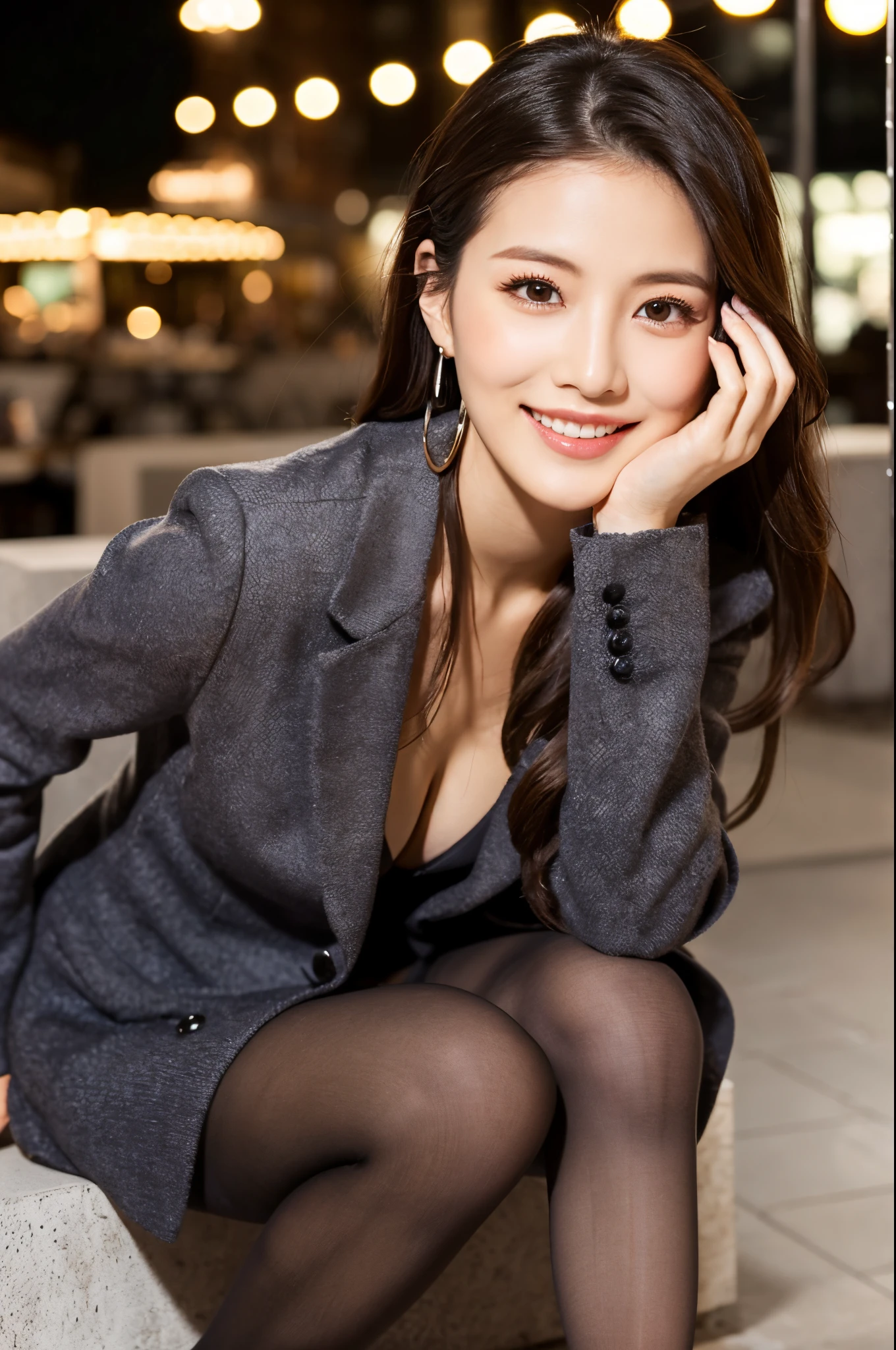 ulzzang -6500-v1.1, (Raw photo:1.2), (Photorealsitic), Beautiful detailed, Famous popular actresses、 (Real: 1.4), extremely detailed eye and face, beatiful detailed eyes, ((Dazzling night illumination plaza:1.2)), ((Women's Suits:1.3, Ultra-realistic pantyhose:1.2))、selfee、Instagram、harsh trial、game_nffsw, Please look at the camera and raise your hand、huge filesize, hight resolution, ighly detailed, top-quality, [​masterpiece:1.6], illustratio, ighly detailed, nffsw, finely detail, top-quality, 8k wallpaper, Cinematographic lighting, 1 milf, 42 year old, perfect body type, Beautiful big drooping eyes、Pieckfinger, ((masutepiece)), Best Quality, 1 milf, eye shadow,  high-heels、Portrait, ((FULL BODYSHOT:1.4))、(Very affectionate smile:1.2)、realistic skin textures、shinny skin、Exposed thighs!!!