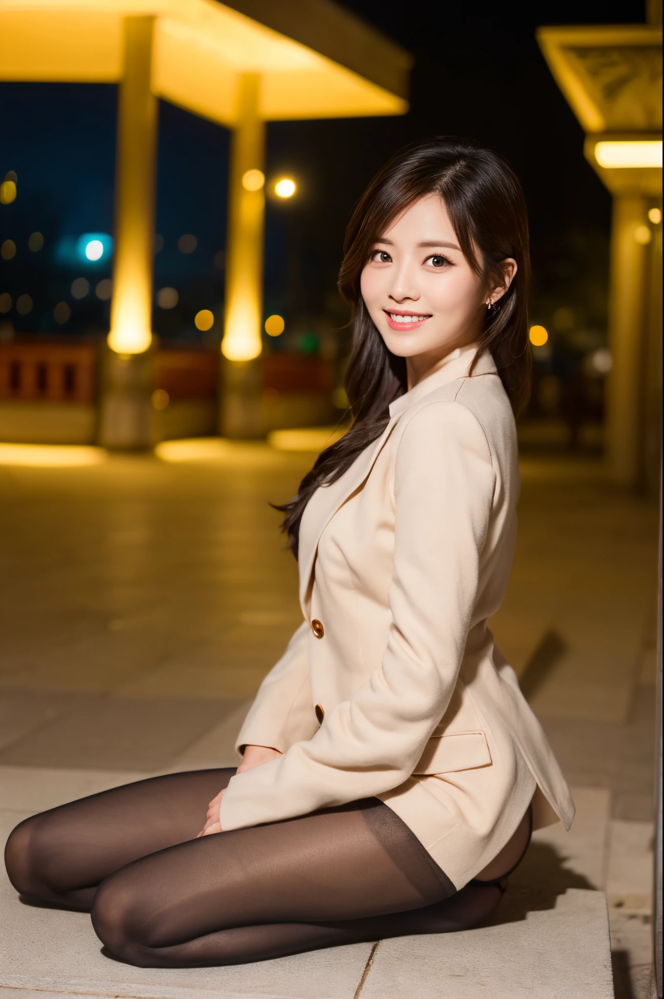 ulzzang -6500-v1.1, (Raw photo:1.2), (Photorealsitic), Beautiful detailed, Famous popular actresses、 (Real: 1.4), extremely detailed eye and face, beatiful detailed eyes, ((Dazzling night illumination plaza:1.2)), ((Women's Suits:1.3, Ultra-realistic pantyhose:1.2))、selfee、Instagram、harsh trial、game_nffsw, Please look at the camera and raise your hand、huge filesize, hight resolution, ighly detailed, top-quality, [​masterpiece:1.6], illustratio, ighly detailed, nffsw, finely detail, top-quality, 8k wallpaper, Cinematographic lighting, 1 milf, 42 year old, perfect body type, Beautiful big drooping eyes、Pieckfinger, ((masutepiece)), Best Quality, 1 milf, eye shadow,  high-heels、Portrait, ((FULL BODYSHOT:1.4))、(Very affectionate smile:1.2)、realistic skin textures、shinny skin、Exposed thighs!!!