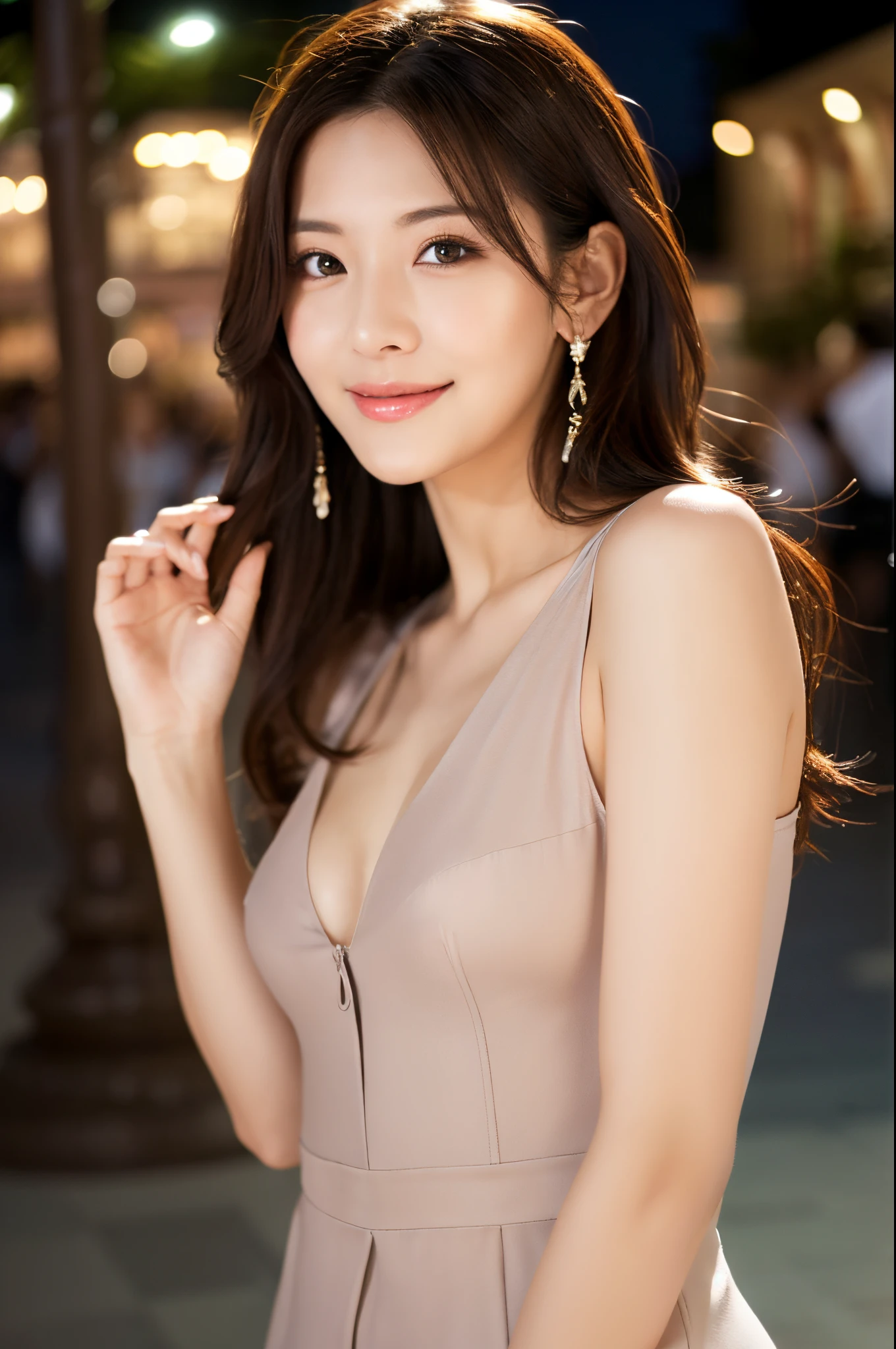 ulzzang -6500-v1.1, (Raw photo:1.2), (Photorealsitic), Beautiful detailed, Famous popular actresses、 (Real: 1.4), extremely detailed eye and face, beatiful detailed eyes, ((Dazzling night illumination plaza:1.2)), ((Women's Suits:1.3, Ultra-realistic pantyhose:1.2))、selfee、Instagram、harsh trial、game_nffsw, Please look at the camera and raise your hand、huge filesize, hight resolution, ighly detailed, top-quality, [​masterpiece:1.6], illustratio, ighly detailed, nffsw, finely detail, top-quality, 8k wallpaper, Cinematographic lighting, 1 milf, 42 year old, perfect body type, Beautiful big drooping eyes、Pieckfinger, ((masutepiece)), Best Quality, 1 milf, eye shadow,  high-heels、Portrait, ((FULL BODYSHOT:1.4))、(Very affectionate smile:1.2)、realistic skin textures、shinny skin、Exposed thighs!!!