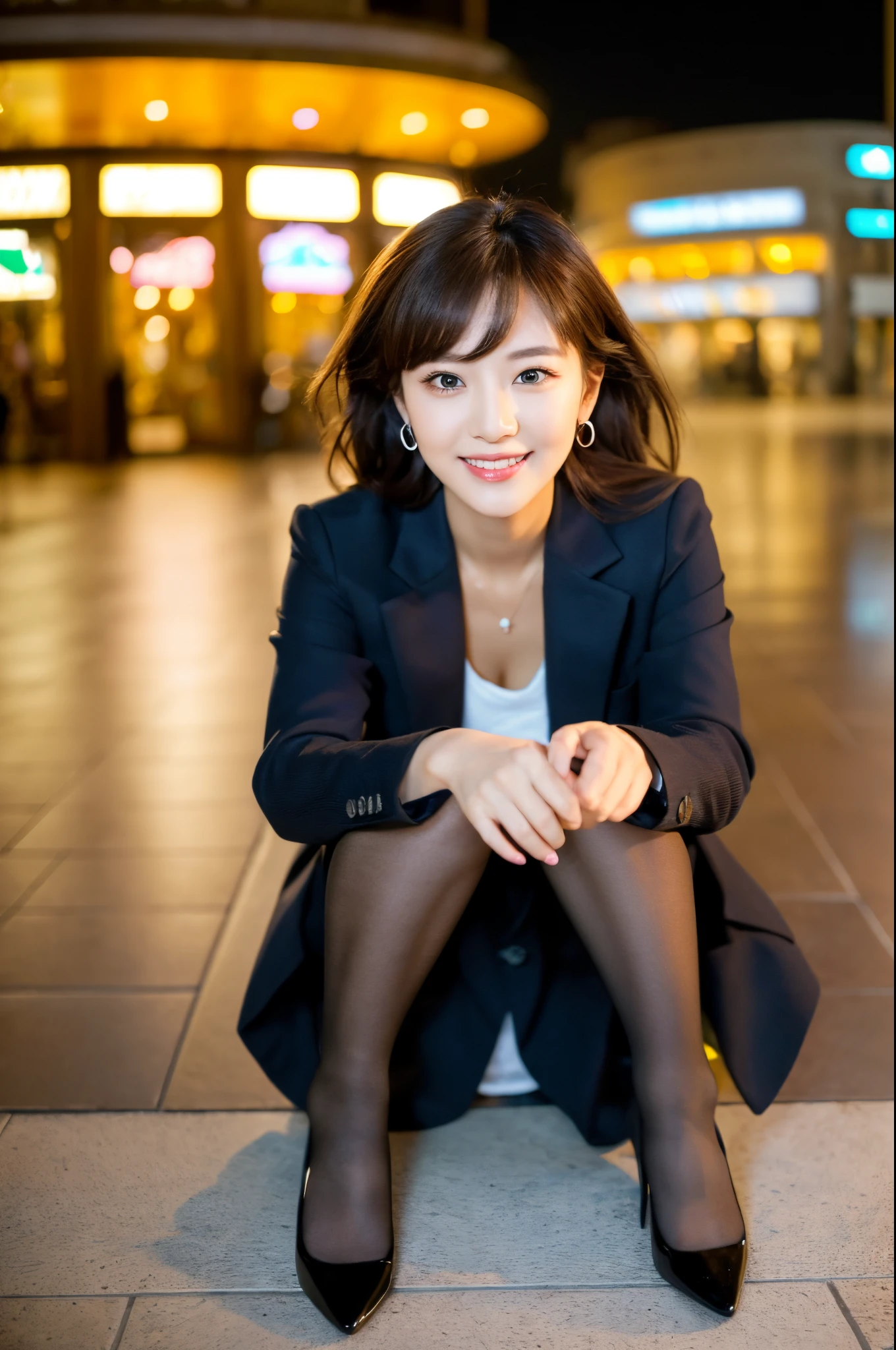 Woman sitting on the ground in a black suit and black shoes - SeaArt AI