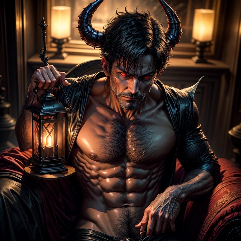 (masterpiece,High quality,Top quality,super detail, best quality ,)1 man,devil,holding a lantern ,scary,horny,skin details,hd,2d,