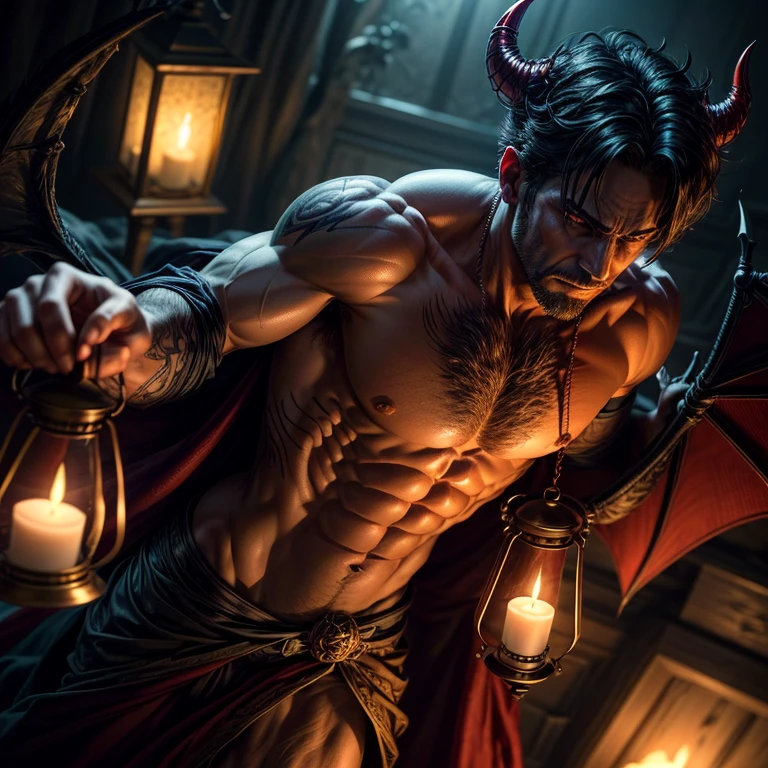 (masterpiece,High quality,Top quality,super detail, best quality ,)1 man,devil,holding a lantern ,scary,horny,skin details,hd,2d,