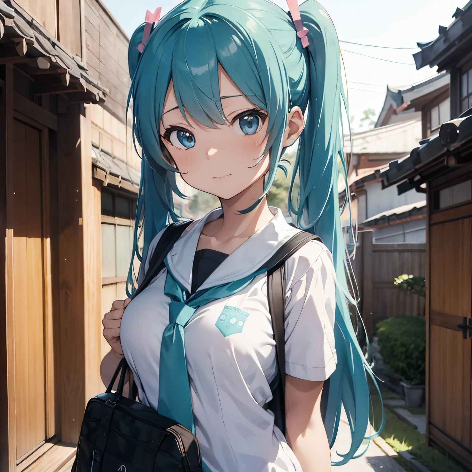 miku hatsune,10yaers old,Hachikuji Temple True Night,a school bag,School route,Looks Back,Colossal tits