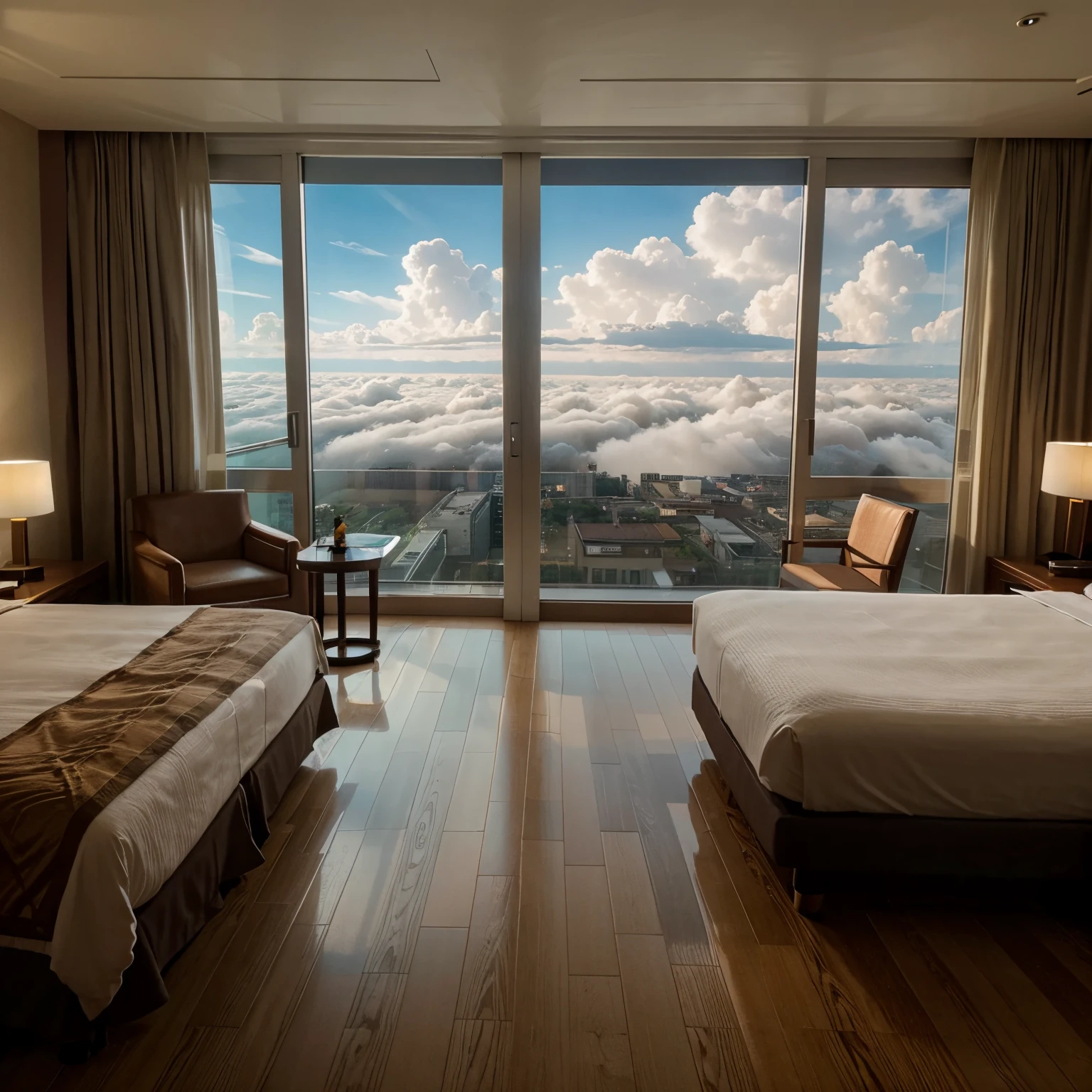 A realistic view of a hotel room in the clouds with earth surface visible down below, big hotel room with all walls made of glass and wooden floor, 24mm focal length, DSLR shot,
