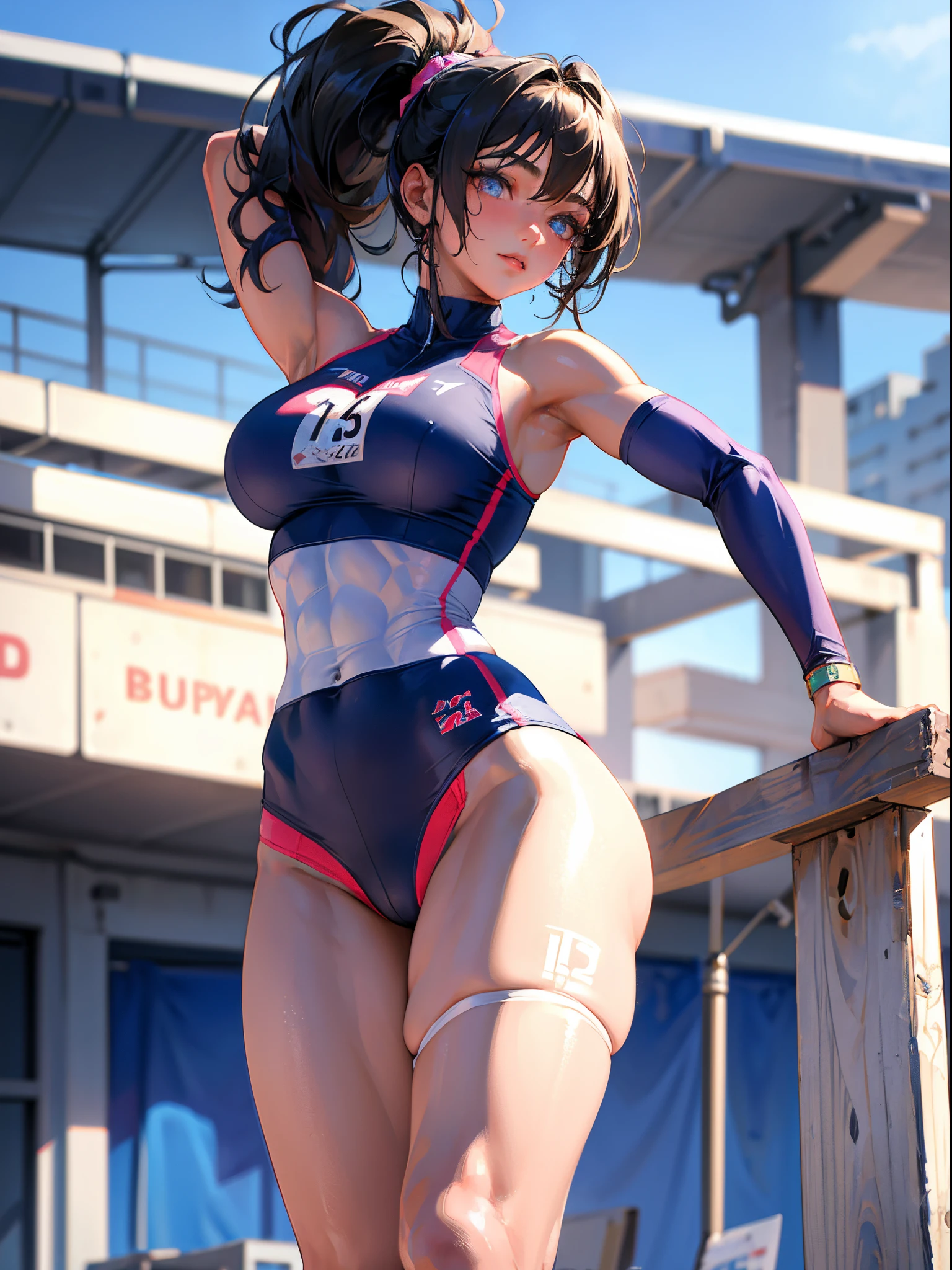 (best quality, masterpiece), 1 girl, pose, track and field athlete,large breasts,trained abs,nice legs,in track and field,detailed beautiful face,detailed eyes,detailed hair,detailed clothes,detailed realistic skins,