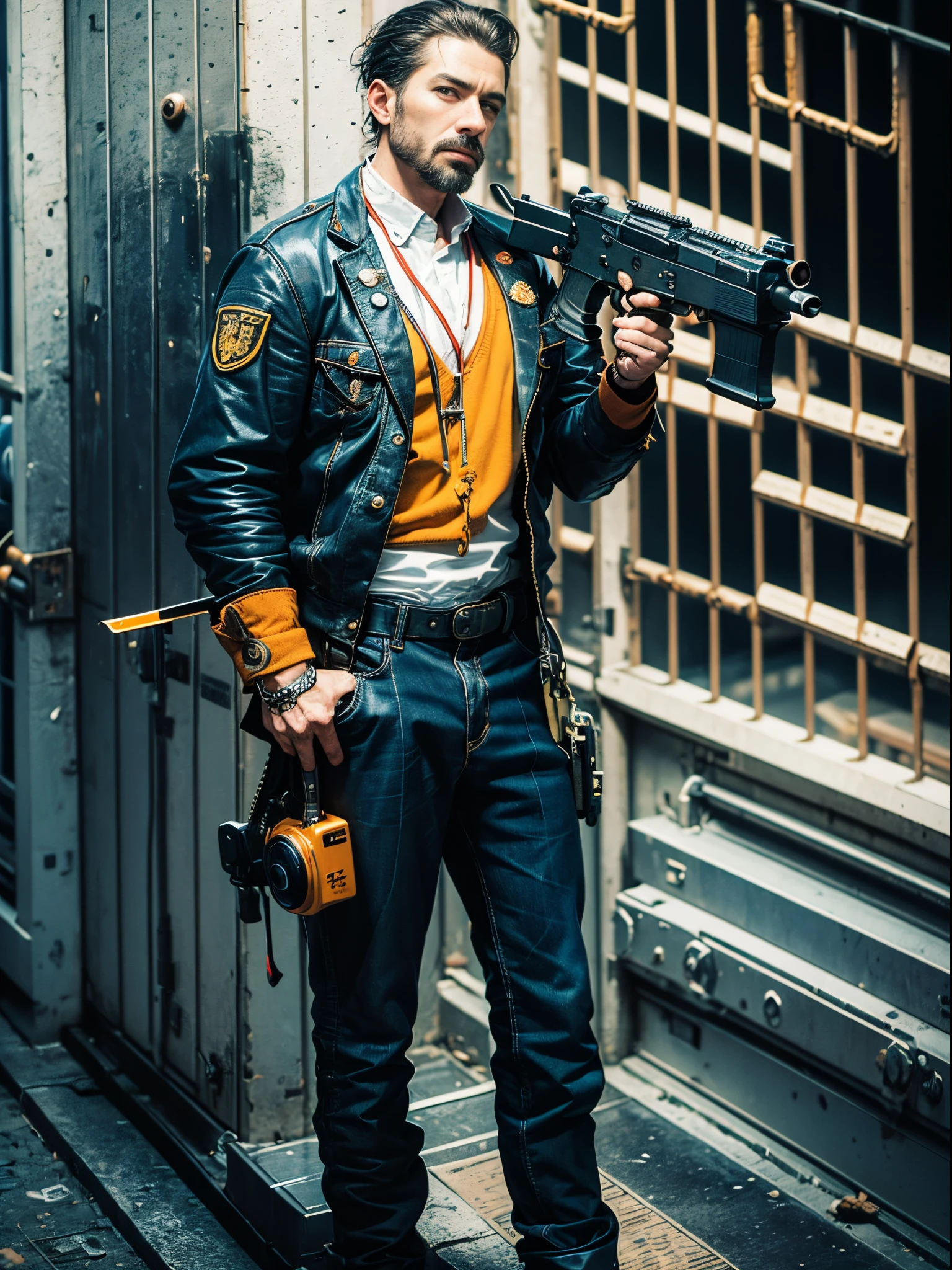 best quality masterpice, photography, realistic, ultra hd, hyper realistic, man, standing, Bring a gun rasio: 512*768 --auto --s2