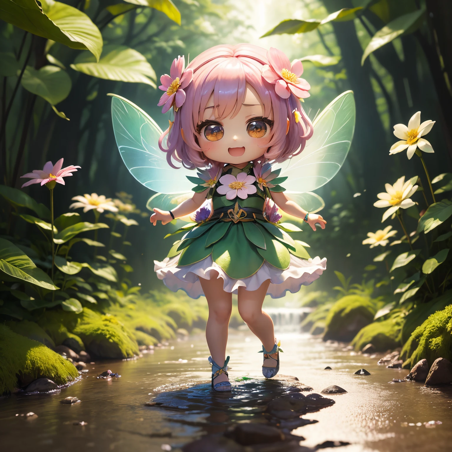 masterpiece、top-quality、ultra-detailliert、(Chibi character flower fairy:1.3)、Flowers formed by transparent Giritere Forest waterfall々、Lightning、Open your mouth and smile、Full-body standing figure、Jumping Kick