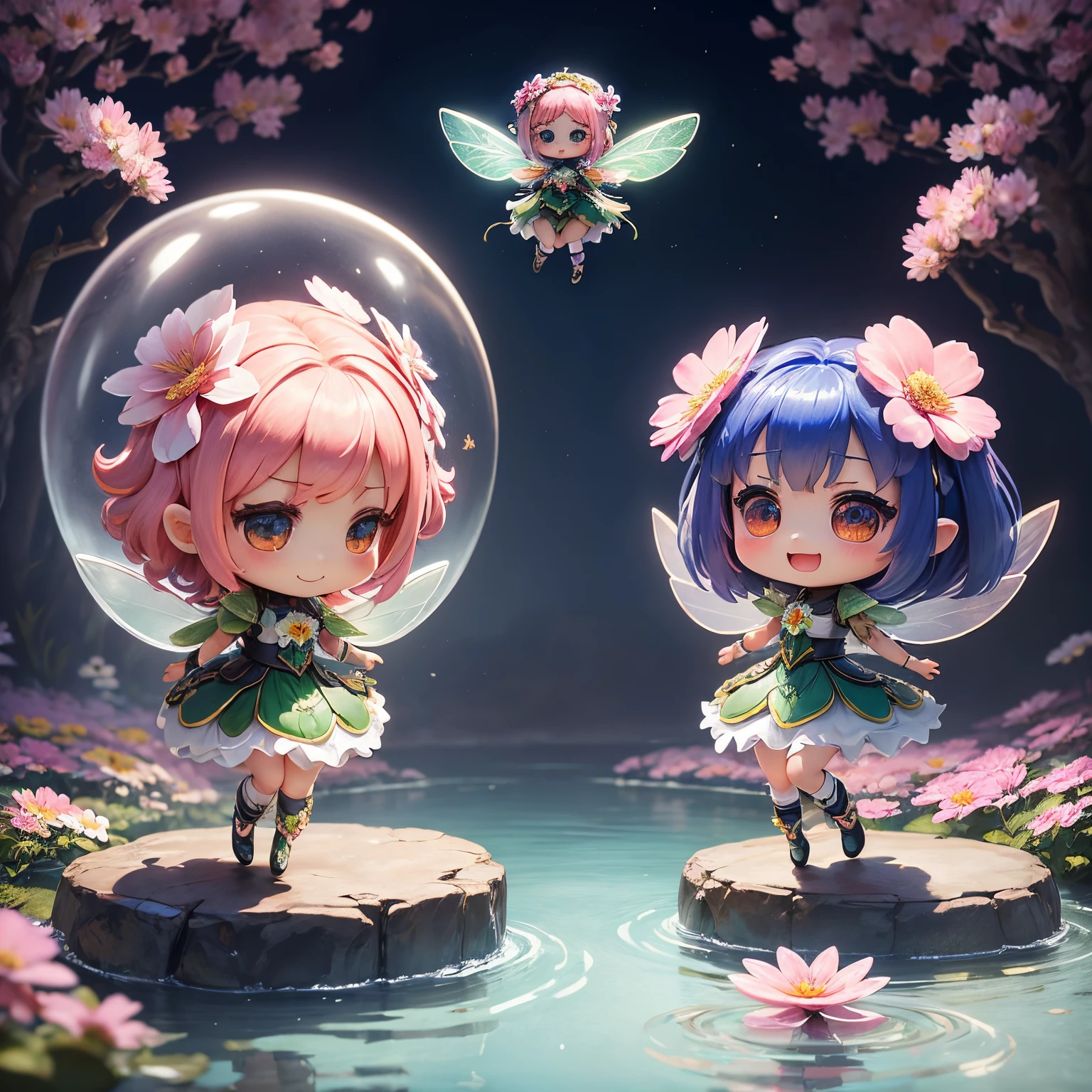 masterpiece、top-quality、ultra-detailliert、(Chibi character flower fairy:1.3)、Flowers formed by transparent Giritere Forest waterfall々、Lightning、Open your mouth and smile、Full-body standing figure、Jumping Kick