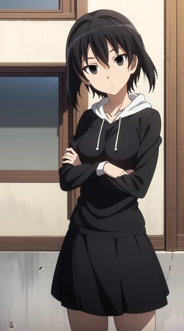 (masterpiece), best quality, expressive eyes, perfect face, kurome , black hair ,short twin ,short hair, black eyes, medium breasts, anime art style, official art, slightly head tilt, sexy pose,wallking, ((white_hoodies, black skirt )),background house , close up, smile face