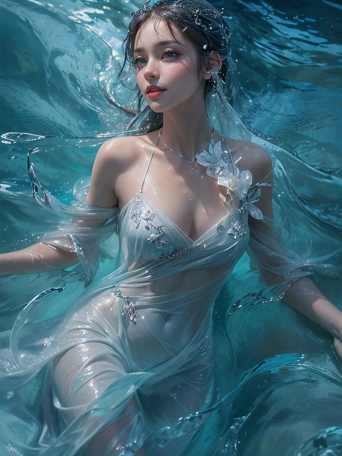 (Top quality color photo of pretty woman in water dress), ( Water Dress, stream of water, controlling water:1.2), (extremely delicate and beautiful work:1.2), Slim abs ,Shiny skin ,Ultra-detailed face, Detailed eyes, Lustrous lips ,subtle smile, Blue tones, Realistic style with fantasy elements , Charming realistic characters, (surrealism, Complex background:1.1) , (Best Quality, masutepiece, ultra-detailliert, 超A high resolution, Photorealistic, Raw photo, absurderes, absolutely resolution:1.4),