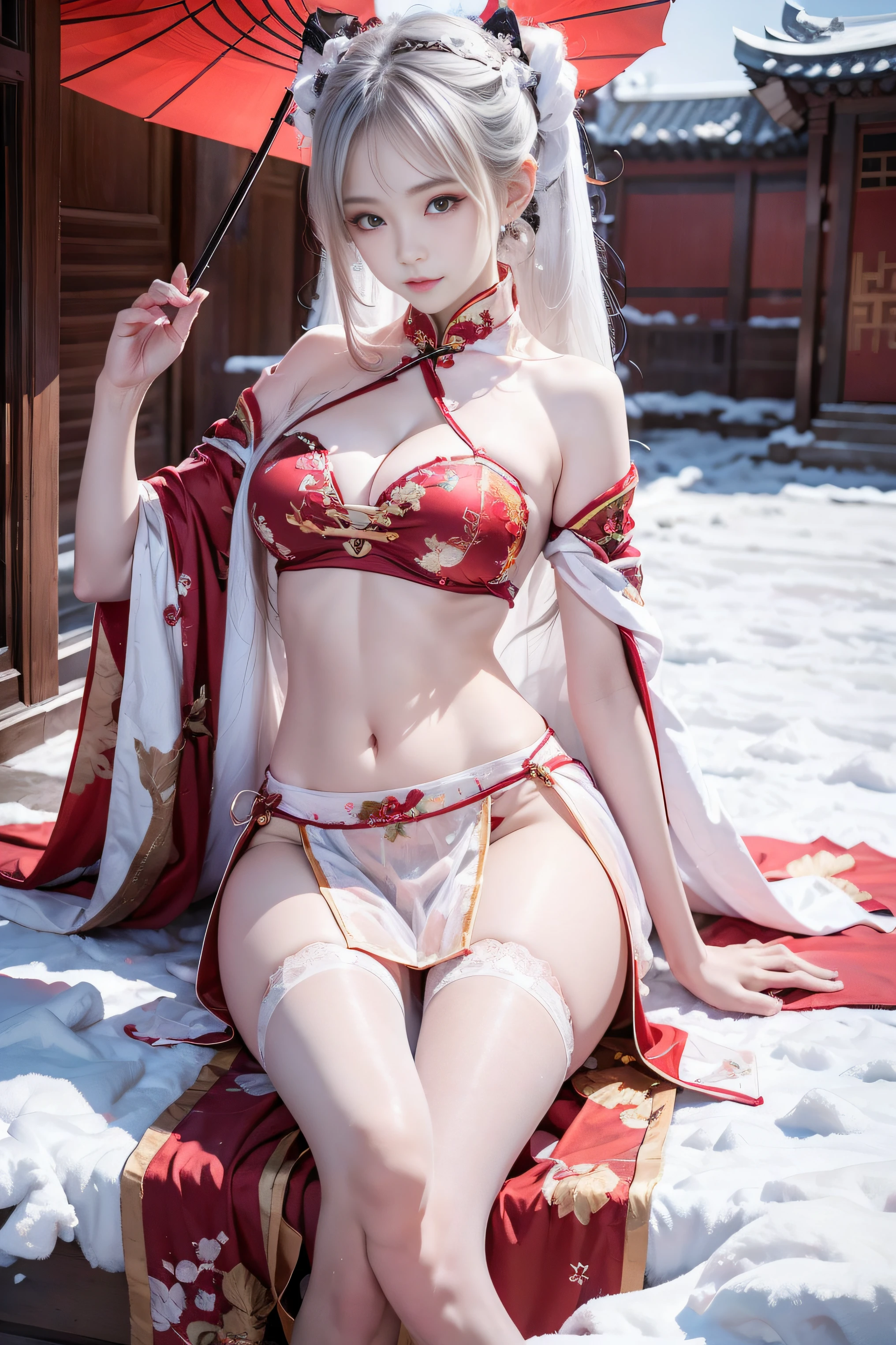 (quality、tmasterpiece:1.2)， sweet girl，pigtails，silvery white hair、Smooth skin、Beautiful mouth、(beautiful postures)，(Chinese style translucent bellyband)，Translucent red gorgeous Chinese cheongsam，themoon，Lying in the snow，bedridden，Riding position，Visible on the back，Visible，((Super big and soft:1.3)),Accent strapless,Clear silk scarf，Translucent white plush shawl，red and white， umbrella，folding fan，petals，natta，extreme light，Luminous magic circle