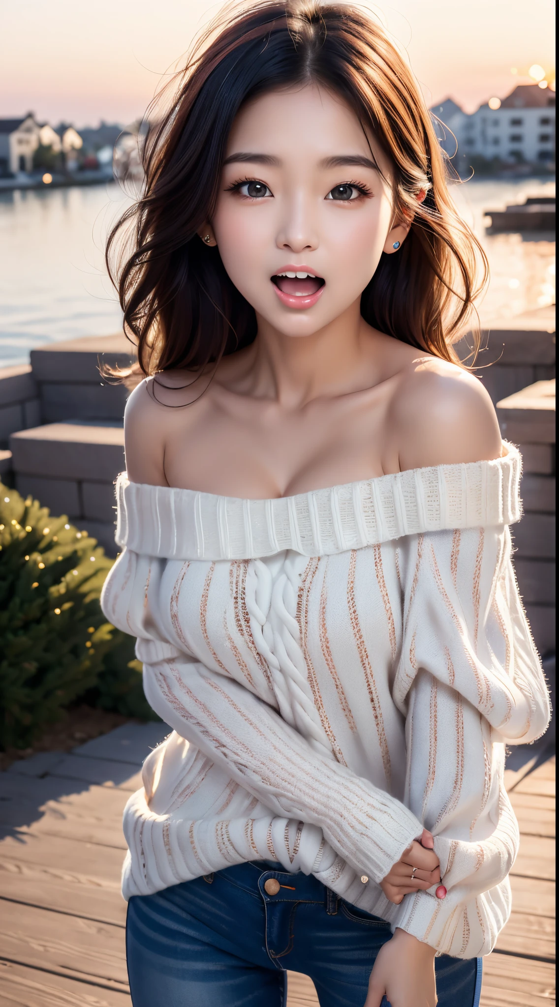 (beautiful face of young girl, Highly detailed)、 (realisitic、８K)、Single Female、23years old、 (extremely detailed CG unified 8k wallpaper)、  Professional Photography、 Realistic Photos、 (off-the-shoulder sweater:1.8)、((Wide open mouth:1.8))、((winc))、 (cleavage:1.5)、（large boob）、（Futomo）、((Christmas, Christmas Ornaments, Christmas tree))、  (jeans panties)、、 Beautiful sunset、 depth of fields、 (View from below:1.3)、Looking at the camera、Light reflected in the eyes、