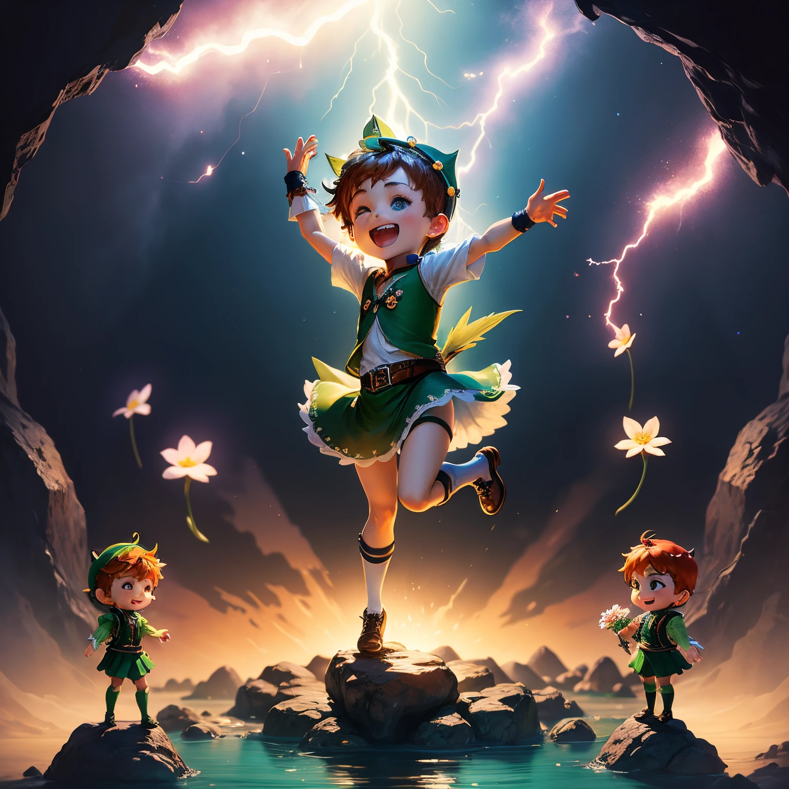 ​masterpiece、top-quality、ultra-detailliert、(chibi character peter pan:1.3)、Flowers formed by transparent Giritere Forest waterfall々、Lightning、Open your mouth and smile、Full-body standing figure、Jumping Kick