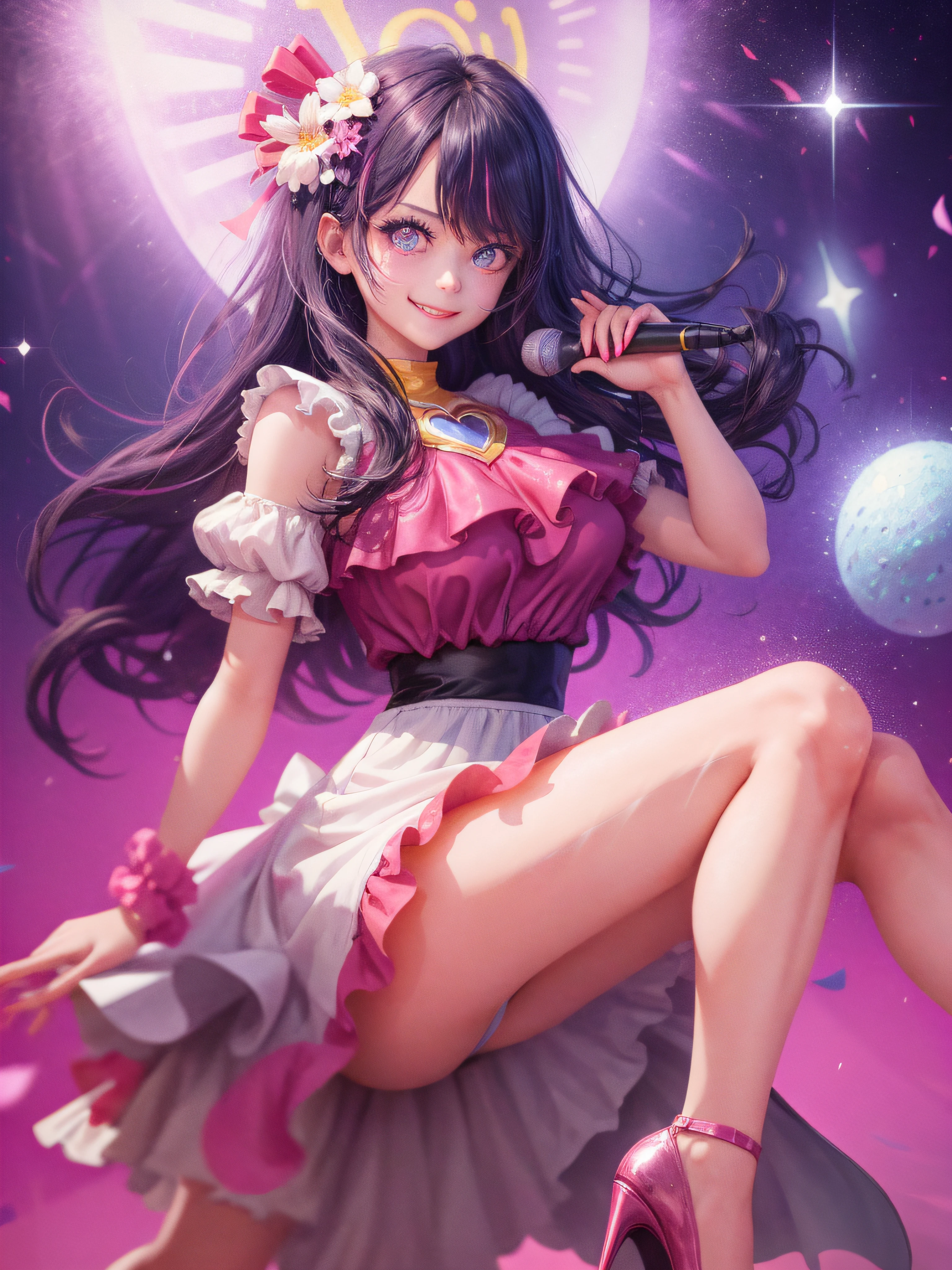 (((RAW image quality:1.4)))、8K分辨率、Pink and white idol costume,stage, 1girll, full body Esbian,Solo, high-heels, upper limbs, stage lighrt, stage,  Purple Eye,star eyes,Sparkling eyes,Shining eyes,Detailed eyes, white thighhig, purple color  hair,blowing hair, holding microphone, Holding, Smile, hair adornments,  view the viewer, Dress, Short sleeves, flower, Hair Flower, breasts, frilld, pink footwears, full body Esbian, frilly dress,Large breasts