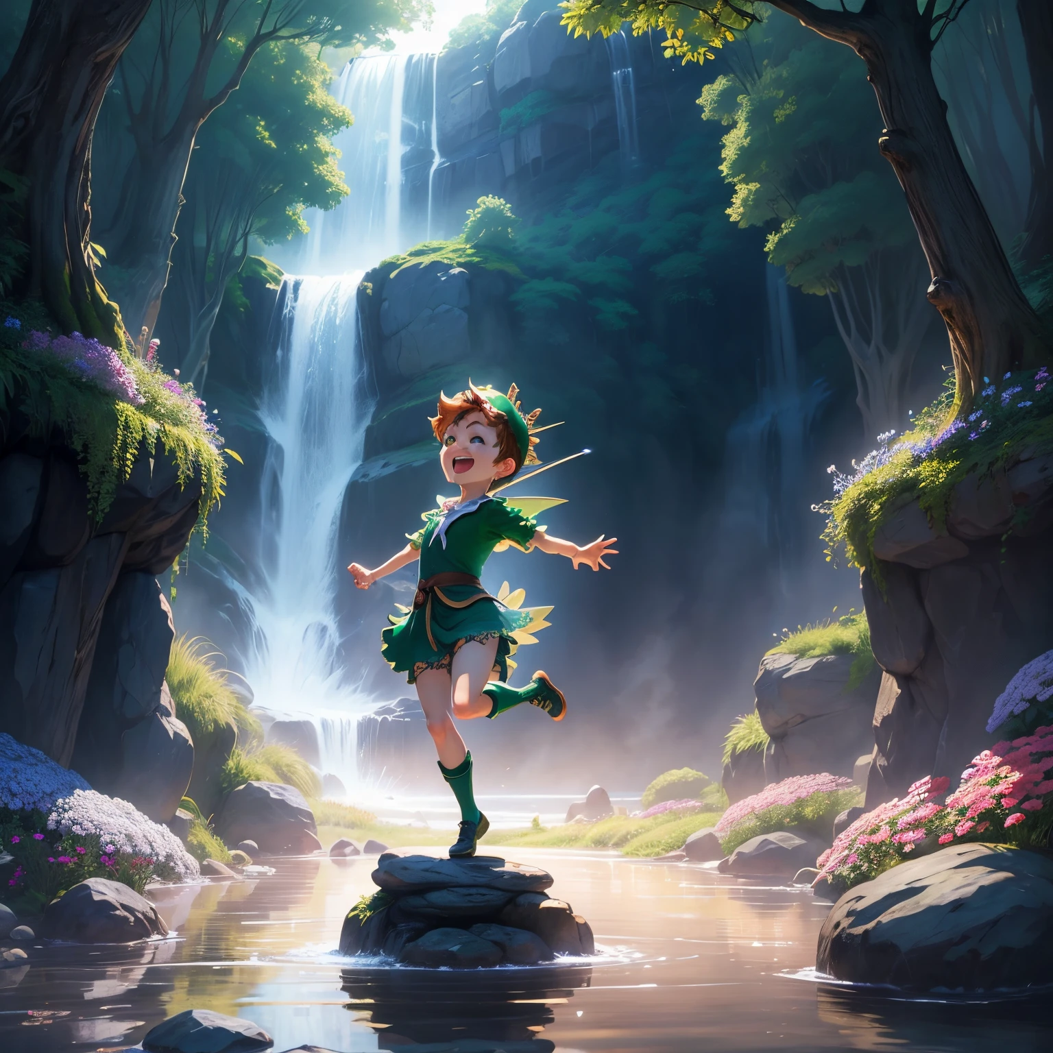 masterpiece、top-quality、ultra-detailliert、(chibi character peter pan:1.3)、Flowers formed by transparent Giritere Forest waterfall々、Lightning、Open your mouth and smile、Full-body standing figure、Jumping Kick