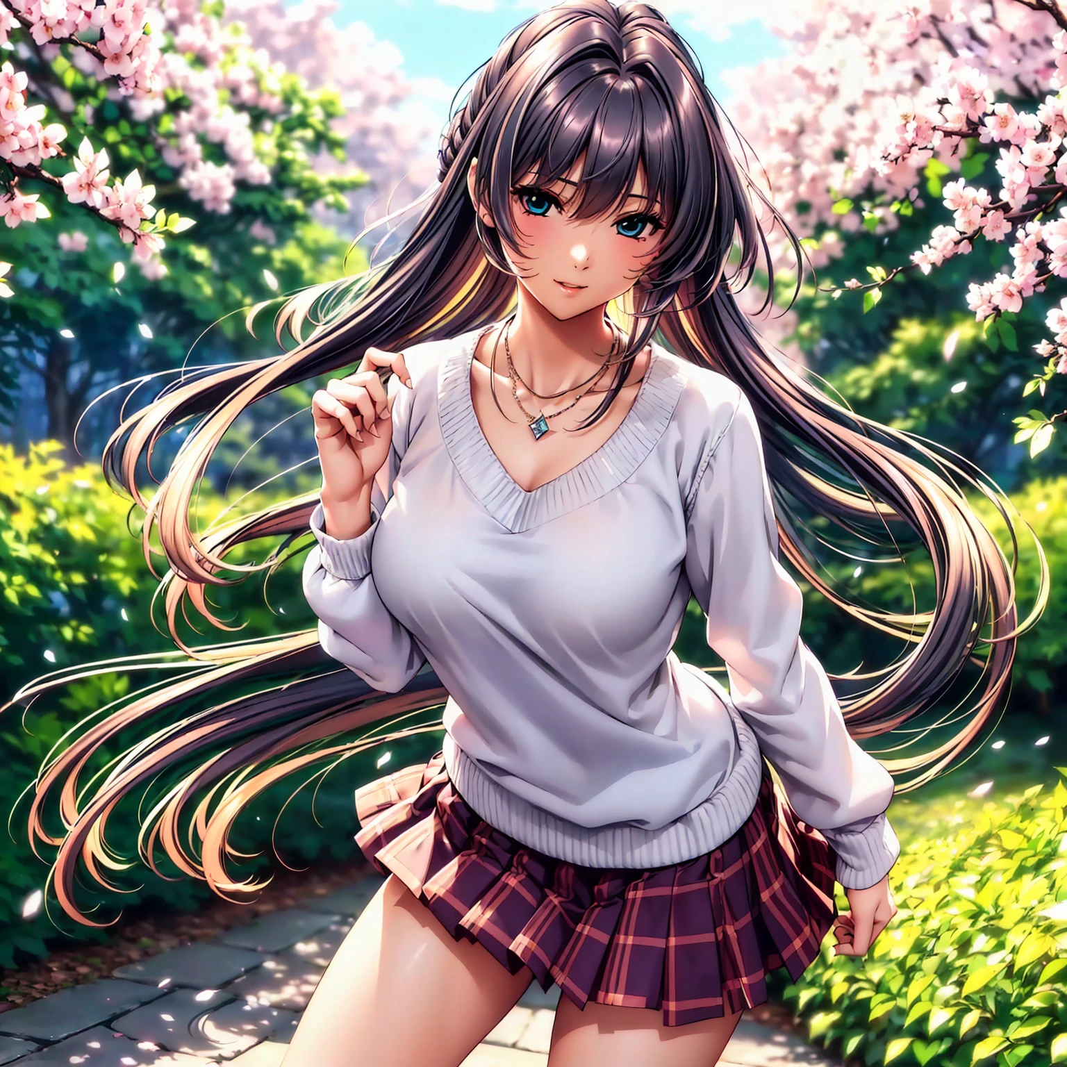(top quality picture、masterpiece level、very high res、超A high resolution,High quality detailing)、(An 18-year-old beautiful girl with perfect and ultimate beauty..,beautiful breasts and figure,Beautiful body,美丽的面容,Strong-willed eyes:1.5)、(There are many variations of hairstyles,Bangs are neatly arranged,long straight hair on the side,Beautiful hair:1.2),lifelike textures,Beautiful colors,(Wear a colored sweater,Diamond necklace,Wearing a plaid pleated skirt,shoulders are exposed,I can see the cleavage:1.2),Have a bright smile,line of sight,Mouth opens,The wind is blowing(The wind blows and the skirt flaps 1.2),Hair flutters under the influence of the wind,Beautiful park,A path lined with flourishing cherry blossom trees,Beautiful Landscapes,(The whole body,thigh visible,accurate anatomy、extremely detailed picture、Accurate images、Perfect Image 1.5)、beautiful anime woman, Beautiful Art Style, an animated character、(The whole picture、Detailed picture、Defect-free images、natural soft light、beautiful image),(Best Shot 1.2)