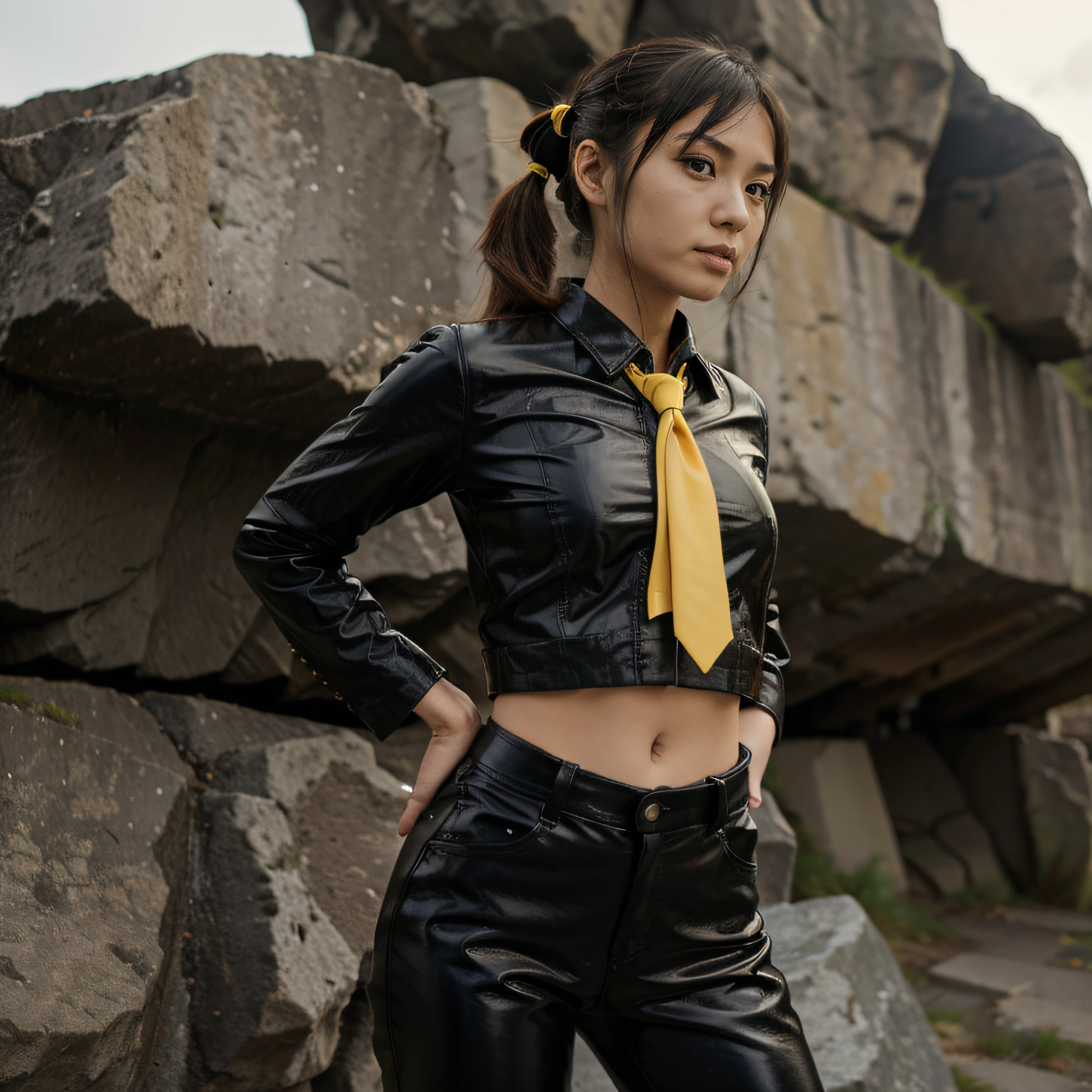 japanaese girl, Pony tail, Black leather shirt, Black leather pants, Yellow tie, Standing on a cliff