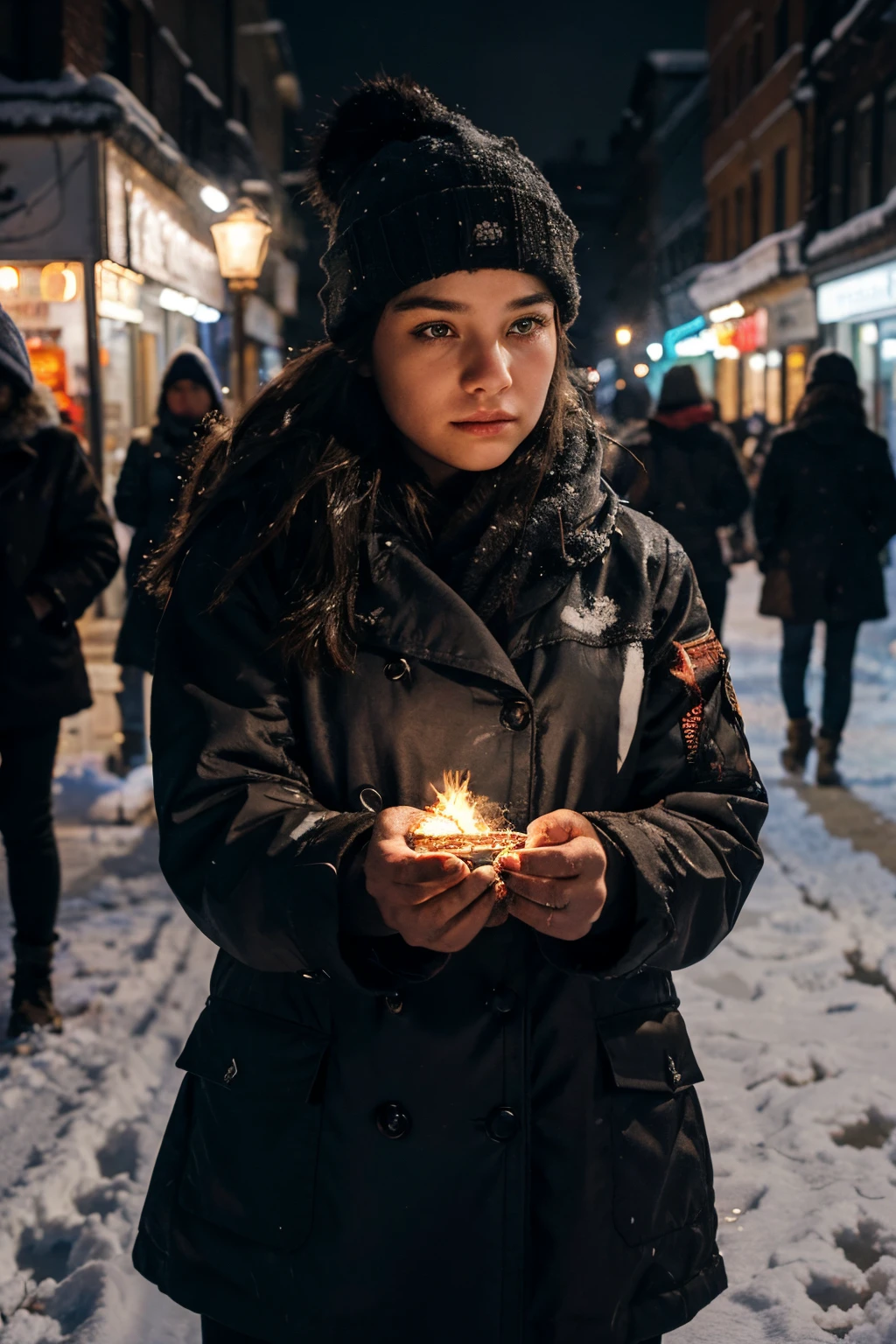 A girl selling matches on a cold snowy night, with a detailed painting style. The girl's face is illuminated by the flame of a match, showcasing intense emotions. The street corner is surrounded by a winter wonderland, with dim streetlights adding a touch of mystery to the scene.