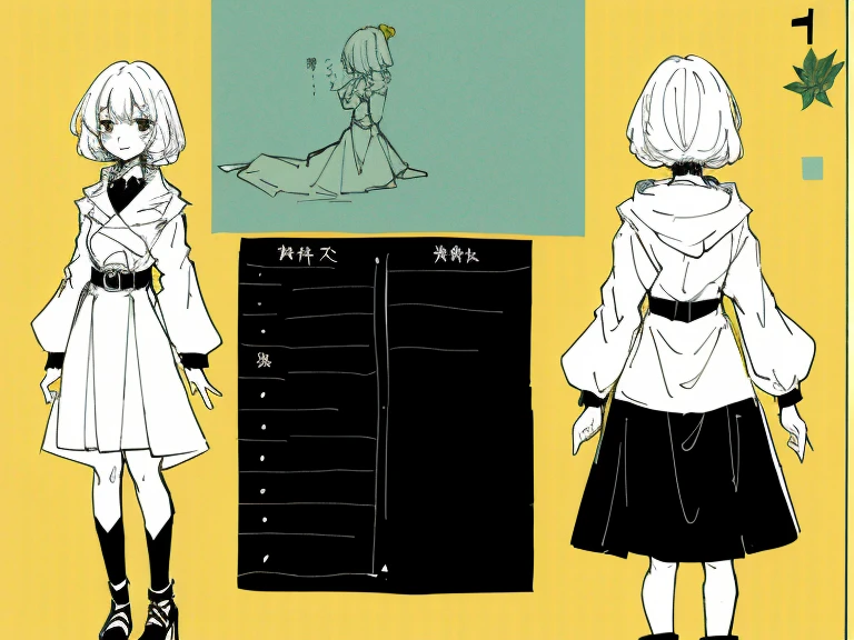 1girl in, ((Character information)、(Chara Leaf)、Type sheet, Character Sheets, Three types,Shot Full Body,Game Character Design,Colorful, Bright, character concept