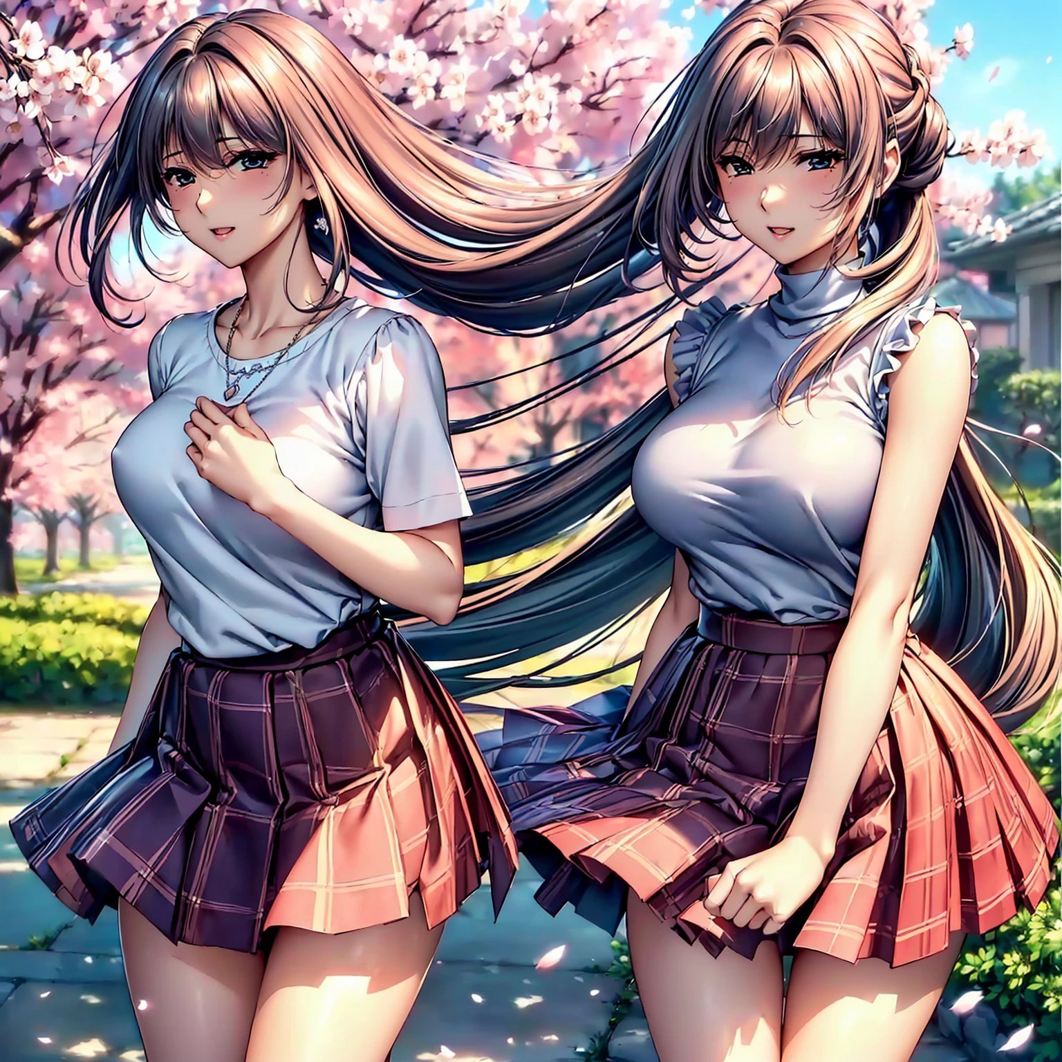 (top quality picture、masterpiece level、very high res、超A high resolution,High quality detailing)、(A 20-year-old beauty with perfect and ultimate beauty..,beautiful breasts and figure,Beautiful body,美丽的面容,Strong-willed eyes:1.5)、(There are many variations of hairstyles,Bangs are neatly arranged,long straight hair on the side,Beautiful hair:1.2),lifelike textures,Beautiful colors,(Wear colored sleeveless knits,Diamond necklace,Wearing a plaid pleated skirt),Have a bright smile,line of sight,Mouth opens,The wind is blowing(The wind blows and my skirt flaps,Hair flutters under the influence of the wind:1.2),Beautiful cherry blossom trees,Cherry blossoms fall,Beautiful Landscapes,(The whole body,thigh visible,accurate anatomy、extremely detailed picture、Accurate images、Perfect Image 1.5)、beautiful anime woman, Beautiful Art Style, an animated character、(The whole picture、Detailed picture、Defect-free images、natural soft light、beautiful image),(Best Shot 1.2)