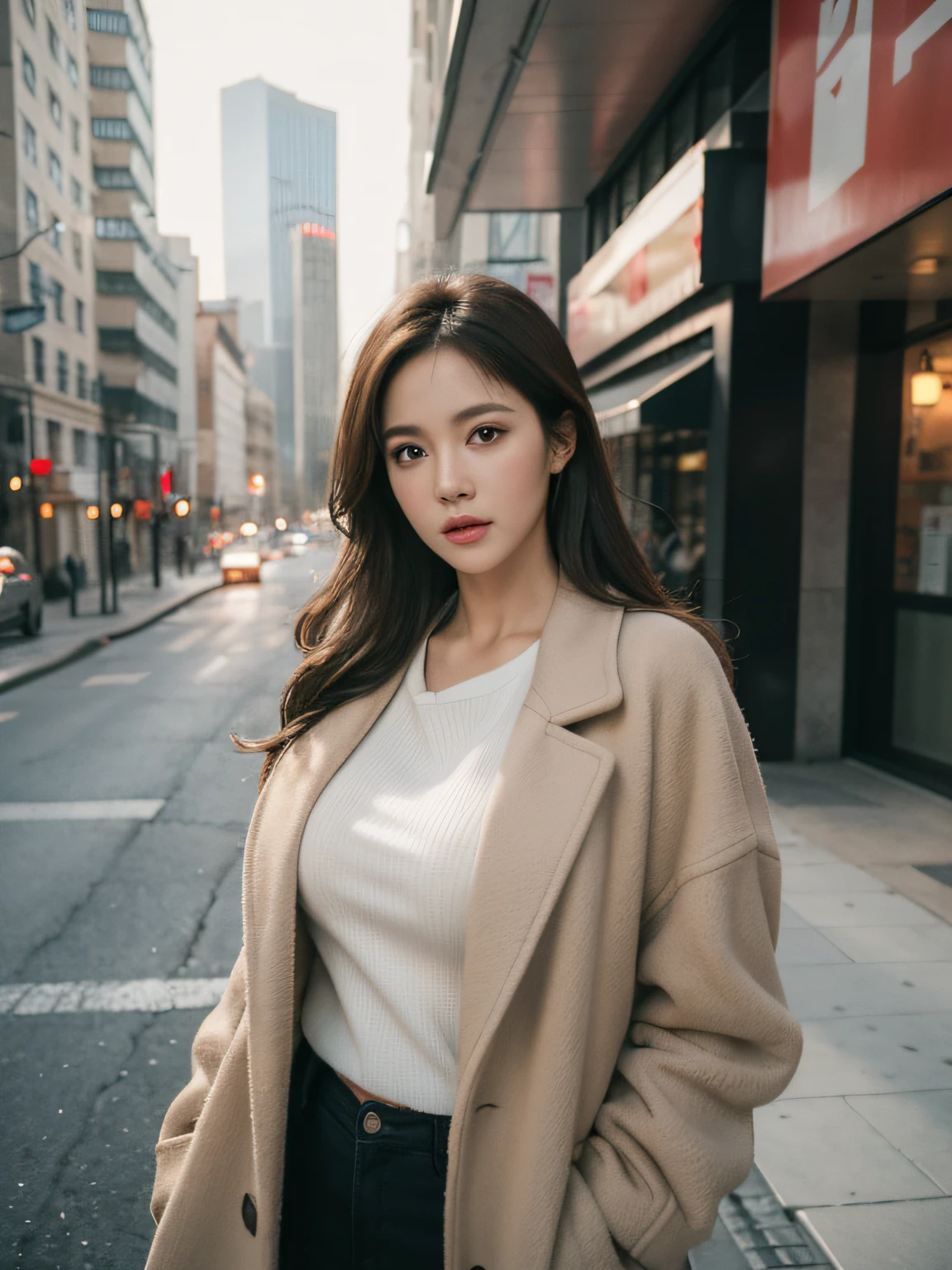 woman in white coat in city,,Wear a bottoming shirt underneath,Wear a coat outside,Not yet disclosed, Red neck bib,big tit job,Dark beige and beige style, closeup of face, Grid-based, high textured, Soft, Photos taken with Provia, Folk/Childish