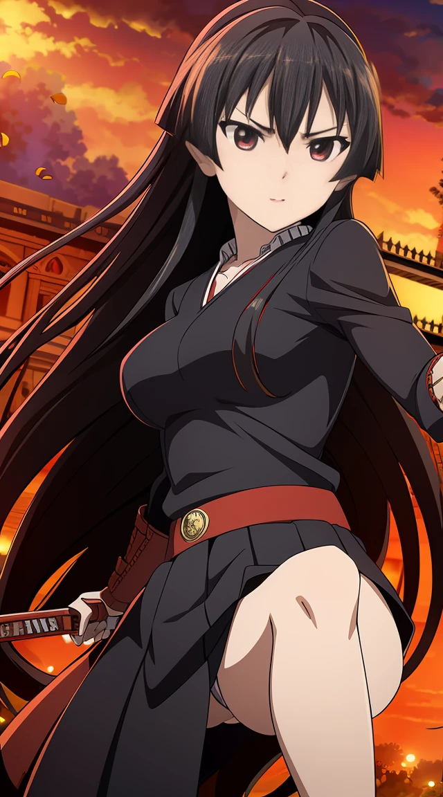 best quality,4k,highres,masterpiece:1.2,ultra-detailed,realistic:1.37,Akame,beautiful detailed eyes,beautiful detailed lips,extremely detailed face,longeyelashes,assassin,ninja,red eyes,black hair,serious expression,dark background,dual wielding katanas,deadly action pose,anime style,sharp focus,vivid colors,dramatic lighting