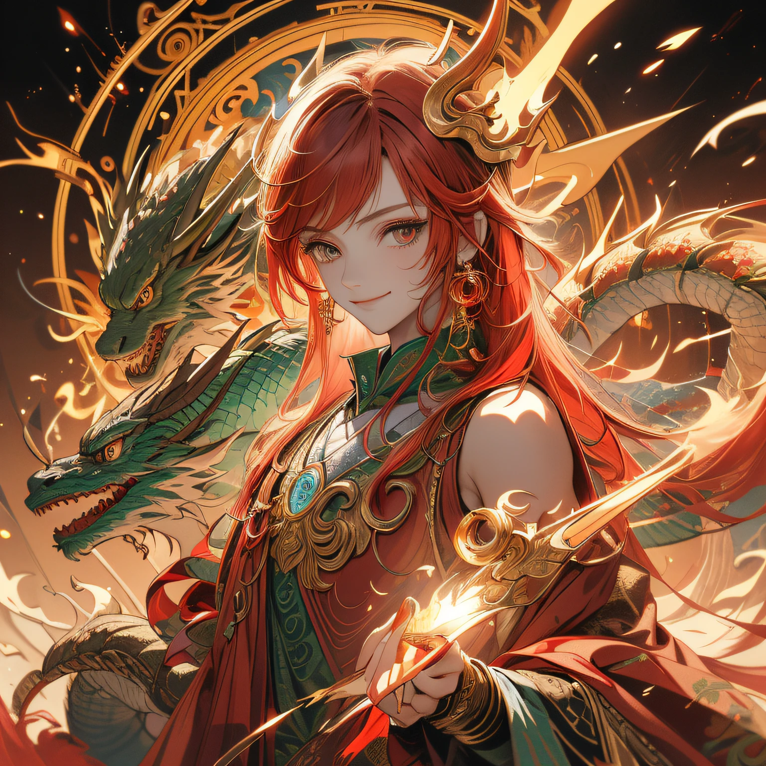 ​masterpiece: 1.7, top-quality、(Highly detailed CG、ultra-detailliert、Best Shadow:1.3)、独奏、Painterly、sketch、 Texture、超A high resolution、extra detailed face、Highly detailed eyelat colors、limited pallete、highcontrast、realisitic、The best lighting、goddes、Graceful、Leprechaun、a matural female、Beautuful Women、Half Dragon and Half Human、monks、Jewel Red Eyes、Red hair、Straight hair、a little bit smile、blanche:1.5、(Zentangle、a Mandala、Tangle、Entangle:1)、Dragon's horn、dragon wings on one side、sharp eye、There&#39;that dragon
