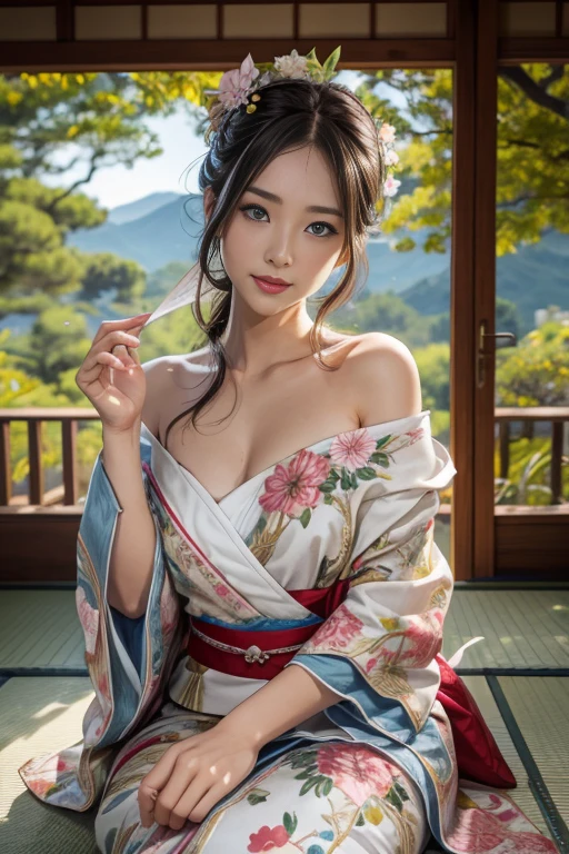 (masutepiece:1.Photoreal Stick:1.4, 8K), top-quality, ​masterpiece, 超A high resolution, Professional camera work, Grow Light Effect, Realistic portrait, Cinematic Light, Highly detailed skin and facial texture:1.3, The ultra-detailliert, A detailed eye, Detailed limbs, Perfect dynamic composition, (Japanese-style room overlooking the Japanese garden:1.2, formal hanging scroll, Light of the Rising Sun), 1girl in, 25-years old, cute sexy japanese slim woman, Fair skin, (Enraptured look:0.9, Totally captivates you:1.0), (Silver kimono:1.32 off shoulder), (voluptuous breasts:0.9), (Backshots, Calm pose), (Beautiful blue eyes, Eyes that feel beautiful eros:0.85), Sexy face:0.4, (A mouthfeel that feels beautiful eros:0.85), ((Too cute beauty:0.9))