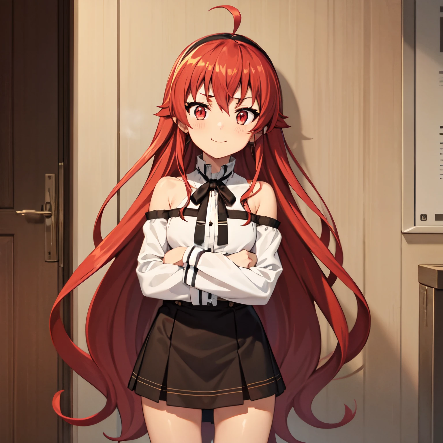 1girl, , , , (steam:1.3),10 years old, ,, ,, ,,,, , , eris boreas greyrat,closed mouth, light smile,long hair, red hair, ahoge, red eyes, black hairband,white dress, bare shoulders, neck ribbon, black ribbon, brown skirt, long sleeves,standing, looking at the viewer, indoors,,, , , ,.,, glistening skin, , shiny skin, brown skin,