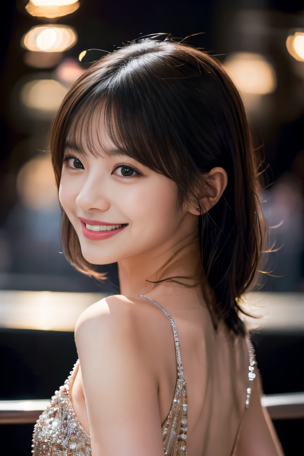 Glittering night view、back view of chic black dress、looking down and smiling、slightly open lips、provocative profile、Beautiful Japan actress、short-haired、sakimichan、cinematric light, realisticlying, best qualtiy, Complex CG,Highly detailed face,High detail eyes,