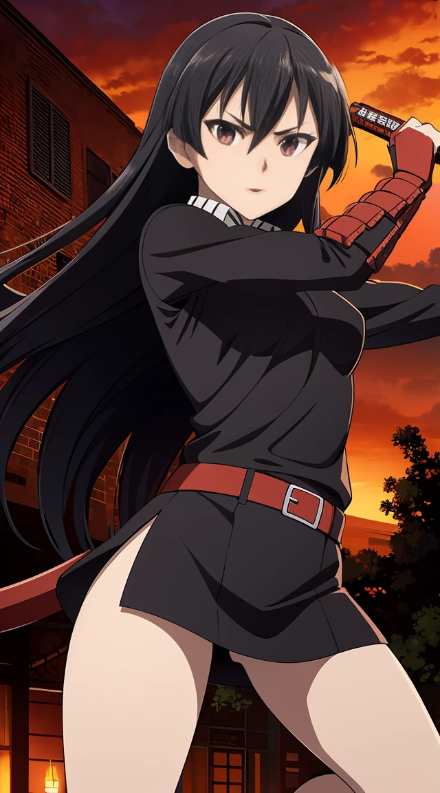 best quality,4k,highres,masterpiece:1.2,ultra-detailed,realistic:1.37,Akame,beautiful detailed eyes,beautiful detailed lips,extremely detailed face,longeyelashes,assassin,ninja,red eyes,black hair,serious expression,dark background,dual wielding katanas,deadly action pose,anime style,sharp focus,vivid colors,dramatic lighting