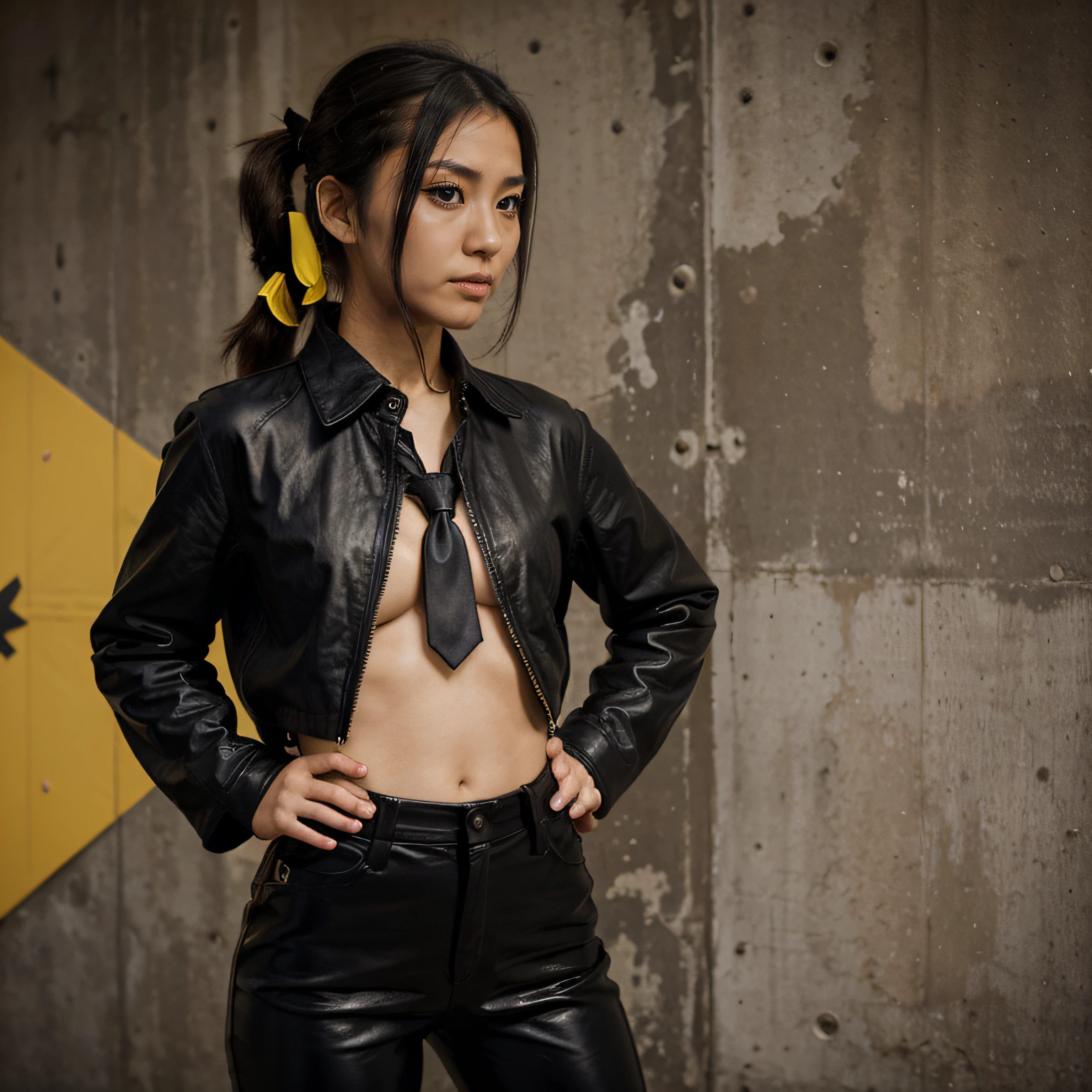 japanaese girl, Pony tail, Black leather shirt, Black leather pants, Yellow tie, Standing on a cliff