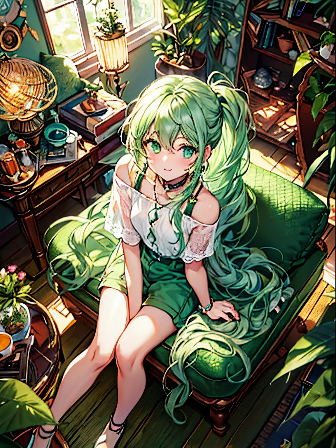 Craft an image of impeccable quality, with a focus on clarity and a rich palette of mint greens, ensuring each element is rendered with precision, ultra-realistic, high-resolution, super realistic illustration, highres, ultra detailed, absurdres.
BREAK
Create a character with anime-style features: large, expressive emerald green eyes, short, tousled mint green hair, array of silver earrings with playful designs (small frogs, bears, hearts), casual sleeveless white top with thin straps and square neckline, green overall dress with pockets and silver hardware, simple silver chain necklace.
BREAK
Background: meticulously detailed one-person living room, cozy, compact space, personal items (books, small desk with laptop, posters on the wall), comfortable armchair, window with light curtains, natural light, vibrant mint green tones, wooden floor, neat kitchenette, maximalism decoration (green-toned squares, symbols, pixelated hearts, smiley faces, abstract designs), cheerful, vibrant setting.