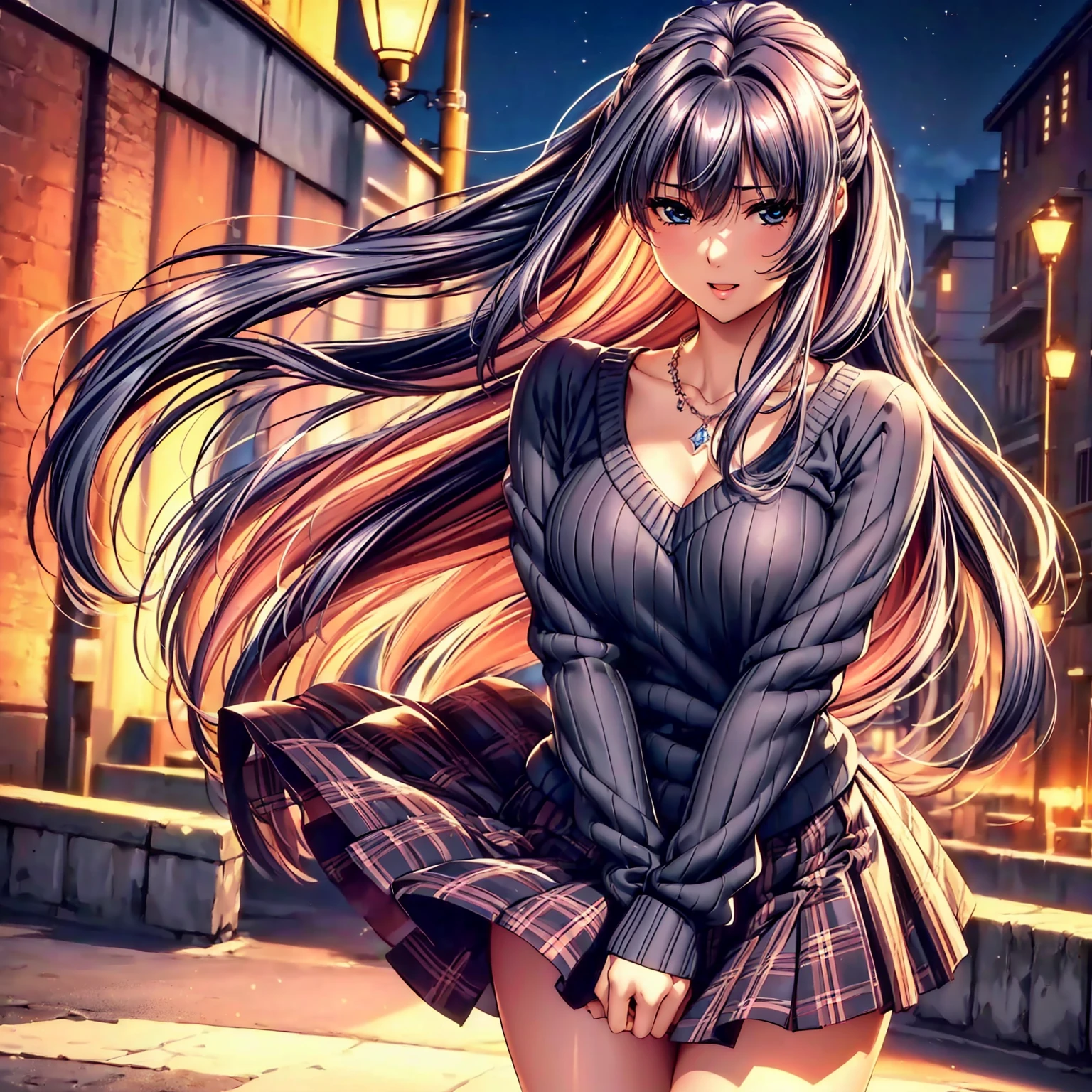 (top quality picture、masterpiece level、very high res、超A high resolution,High quality detailing)、(An 18-year-old beautiful girl with perfect and ultimate beauty..,beautiful breasts and figure,Beautiful body,美丽的面容,Strong-willed eyes:1.5)、(There are many variations of hairstyles,Bangs are neatly arranged,long straight hair on the side,Beautiful hair:1.2),lifelike textures,Beautiful colors,(Wear a colored sweater,Diamond necklace,Wearing a plaid pleated skirt,shoulders are exposed,I can see the cleavage:1.2),Have a bright smile,line of sight,Mouth opens,The wind is blowing(The wind blows and the skirt flaps 1.2),Hair flutters under the influence of the wind,the beautiful night sky,Streetlights come on,A large bridge crosses,Beautiful Landscapes,(The whole body,thigh visible,accurate anatomy、extremely detailed picture、Accurate images、Perfect Image 1.5)、beautiful anime woman, Beautiful Art Style, an animated character、(The whole picture、Detailed picture、Defect-free images、natural soft light、beautiful image),(Best Shot 1.2)