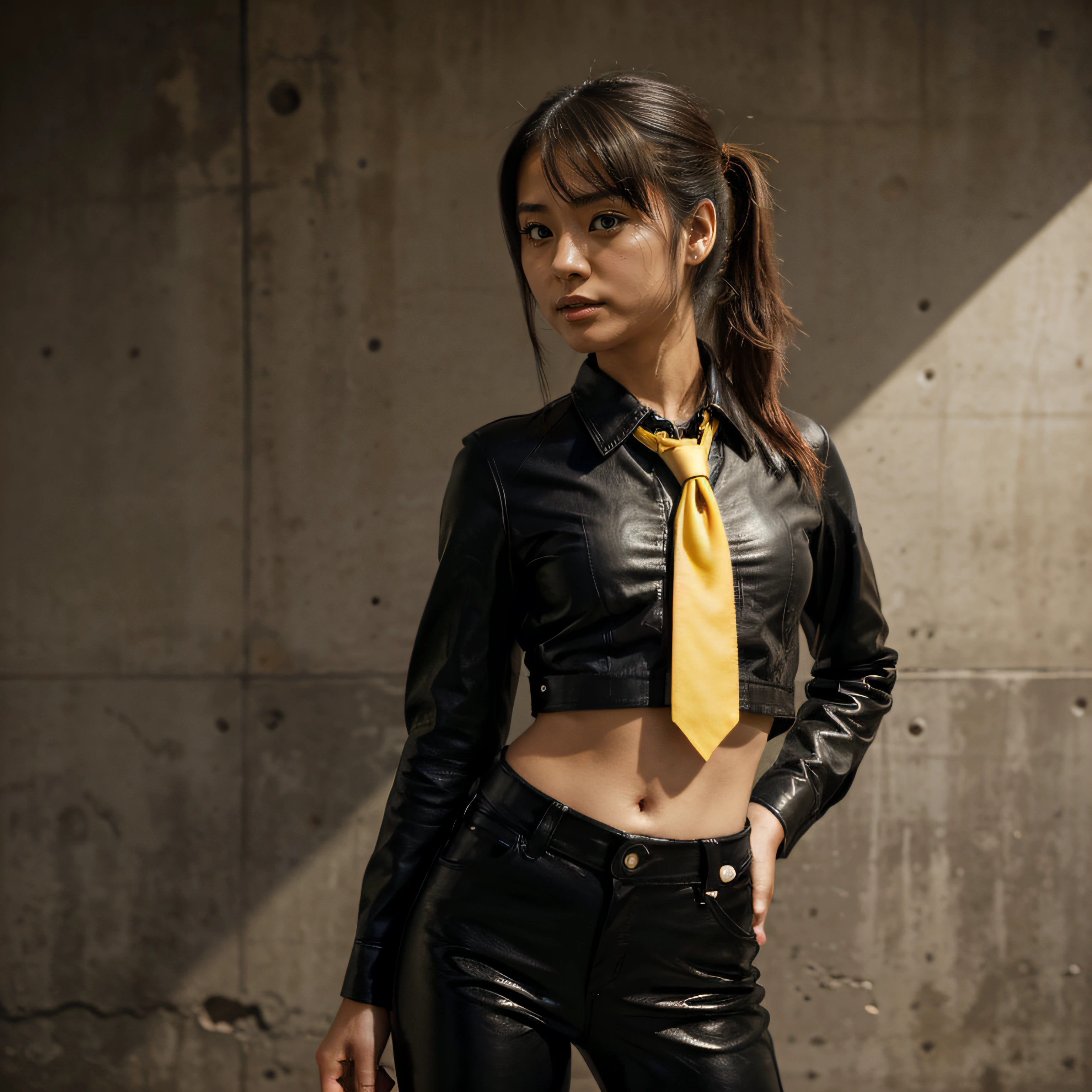 japanaese girl, Pony tail, Black leather shirt, Black leather pants, Yellow tie, Standing on a cliff