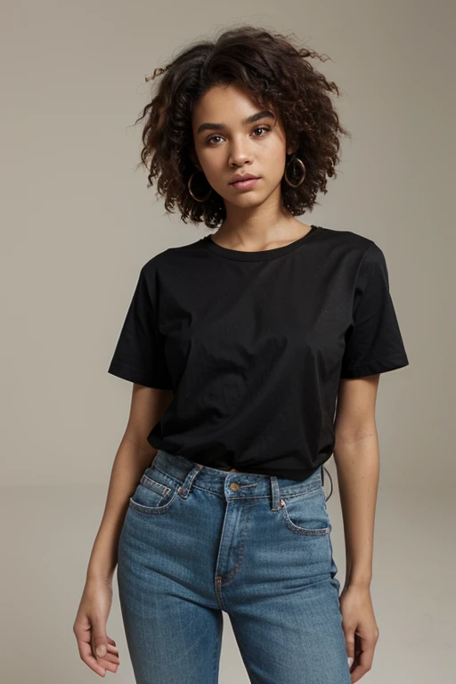 young boy, lightskin brasilian model, black long t-shirt, photoshoot, afro curls, round hair, jeans, black shirt, t-shirt, no text, no logo, photo studio, white background, empty background