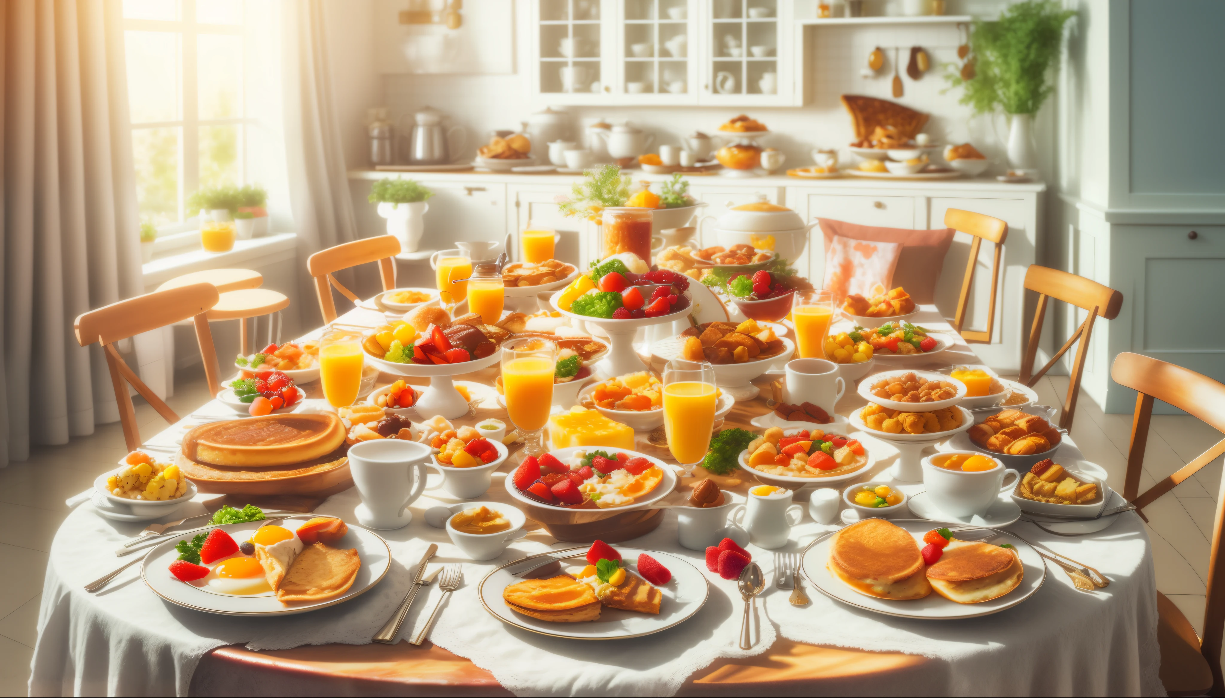 there a table with a lot of food on it, table set for second breakfast, shutterstock, breakfast buffet, the table full of food, istock, sunny morning light, highly detailed composition, oil painting of breakfast, stock image, radiant morning light, overflowing feast buffet table, hearty breakfast, good morning, natural morning light, exclusive, breakfast