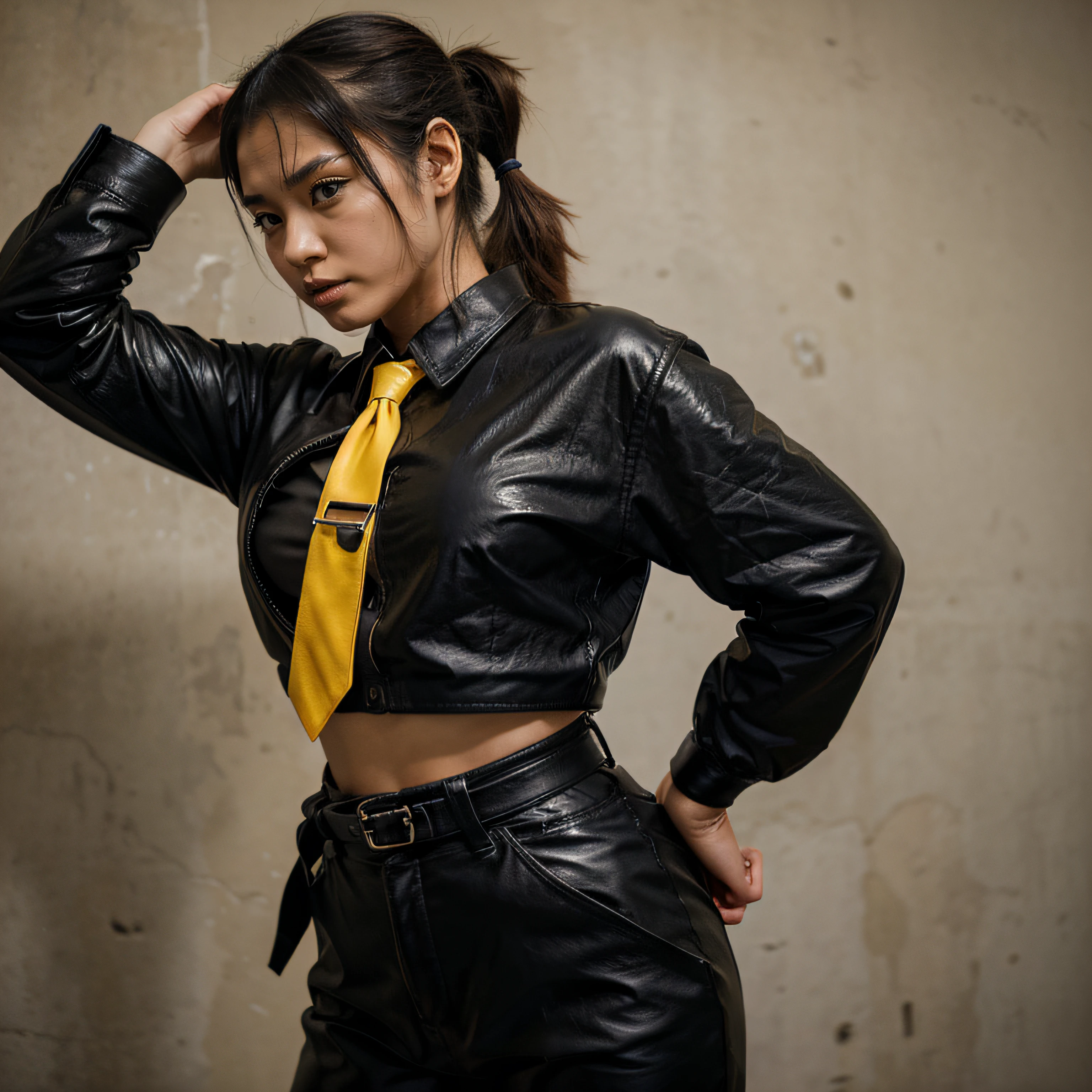 japanaese girl, Pony tail, Black leather shirt, Black leather pants, Yellow tie, Standing on a cliff