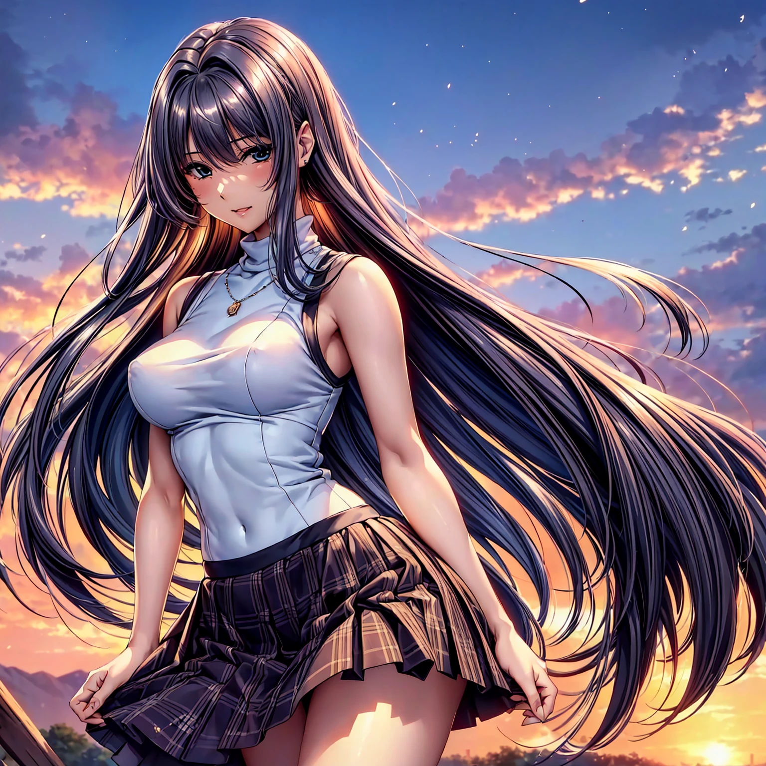 (top quality picture、masterpiece level、very high res、超A high resolution,High quality detailing)、(A 20-year-old beauty with perfect and ultimate beauty..,beautiful breasts and figure,Beautiful body,美丽的面容,Strong-willed eyes:1.5)、(There are many variations of hairstyles,Bangs are neatly arranged,long straight hair on the side,Beautiful hair:1.2),lifelike textures,Beautiful colors,(Wear colored sleeveless knits,Diamond necklace,Wearing a plaid pleated skirt),Have a bright smile,line of sight,Mouth opens,The wind is blowing(The wind blows and my skirt flaps,Hair flutters under the influence of the wind:1.2),the beautiful night sky,Streetlights come on,A large bridge crosses,Beautiful Landscapes,(The whole body,thigh visible,accurate anatomy、extremely detailed picture、Accurate images、Perfect Image 1.5)、beautiful anime woman, Beautiful Art Style, an animated character、(The whole picture、Detailed picture、Defect-free images、natural soft light、beautiful image),(Best Shot 1.2)