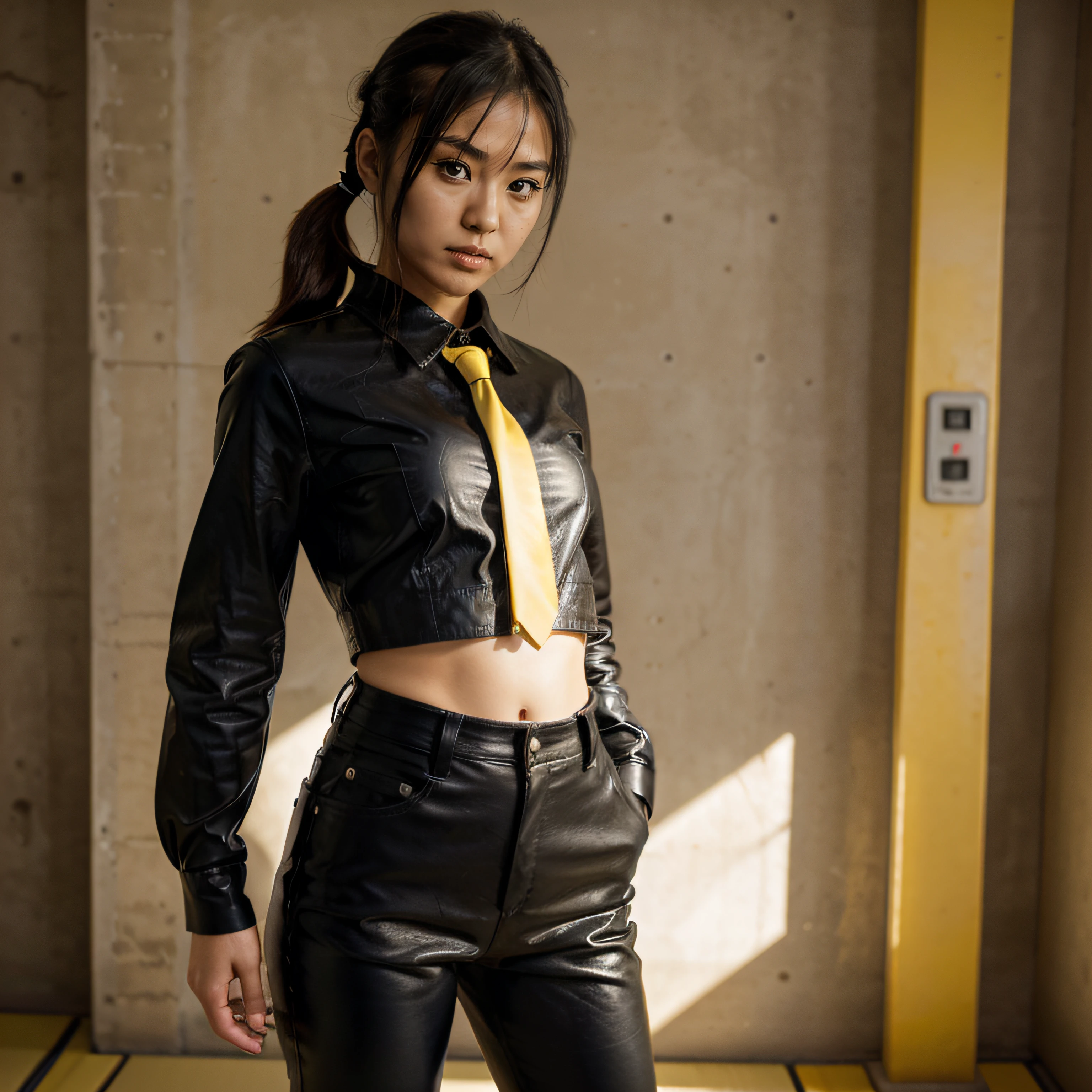 japanaese girl, Pony tail, Black leather shirt, Black leather pants, Yellow tie, Standing on a cliff