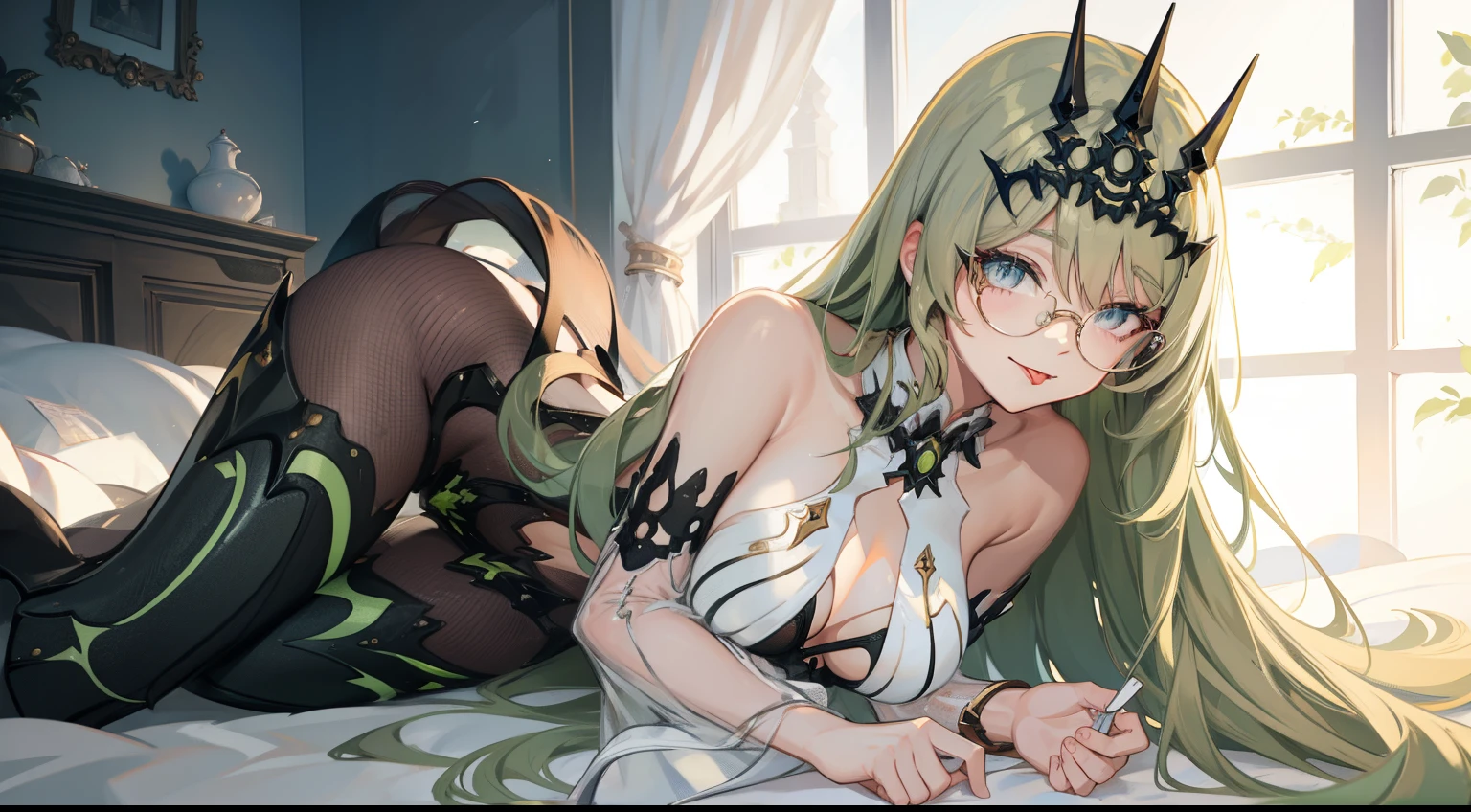1 girl,Best quality, tmasterpiece, Long green hair, beautiful,detailed eyes, HD, crown, glasses, extremely detailed, Visually inspect the audience, Mouth sticking out tongue,The face is slightly red,is shy,full bodyesbian,adolable,Lori small breasts cleavage,white dresses,sitting on his knees on the bed