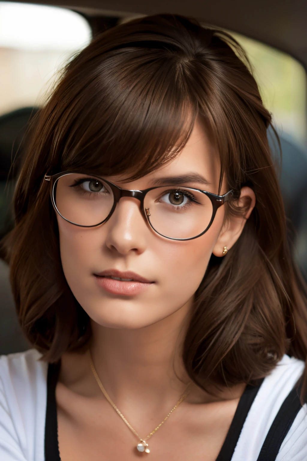 arafed woman with glasses and a necklace in a car, girl with glasses, girl wearing round glasses, wearing eyeglasses, wearing glasses, wearing thin large round glasses, with glasses on, wearing black rimmed glasses, in square-rimmed glasses, with glasses, big glasses, wearing small round glasses, eyeglasses, glasses frames, wearing round glasses