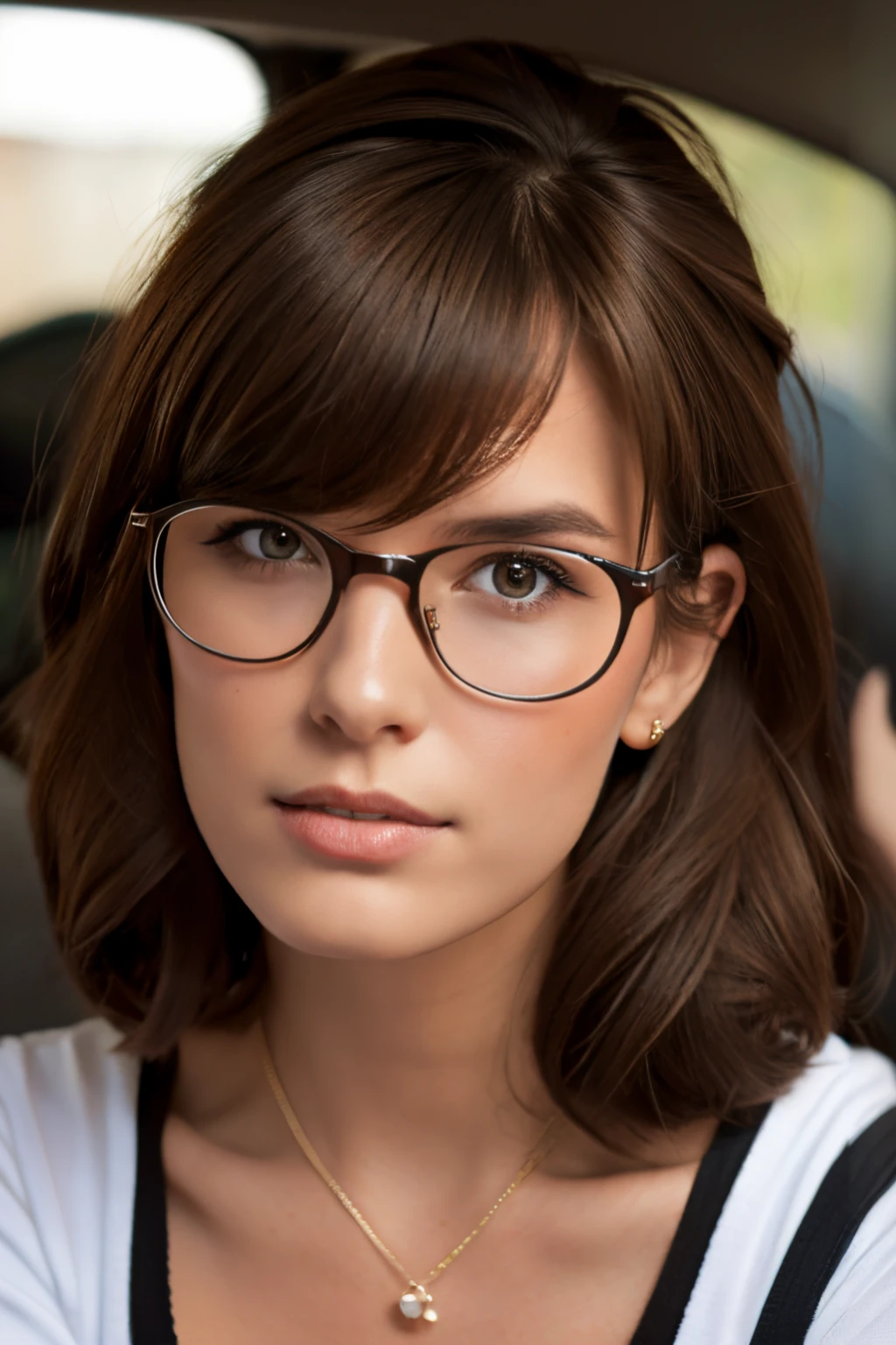 arafed woman with glasses and a necklace in a car, girl with glasses, girl wearing round glasses, wearing eyeglasses, wearing glasses, wearing thin large round glasses, with glasses on, wearing black rimmed glasses, in square-rimmed glasses, with glasses, big glasses, wearing small round glasses, eyeglasses, glasses frames, wearing round glasses